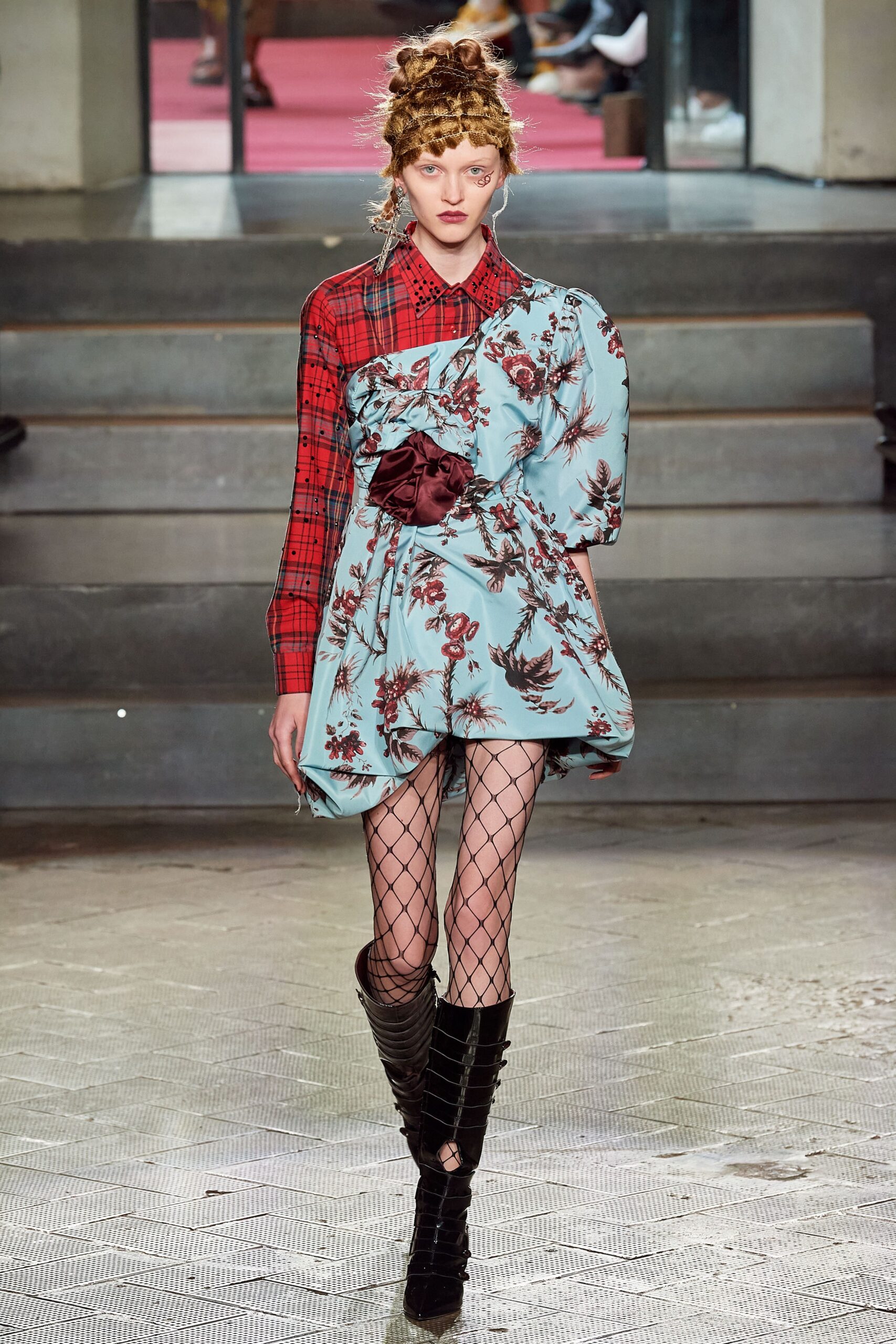blue printed mini dress with red accents