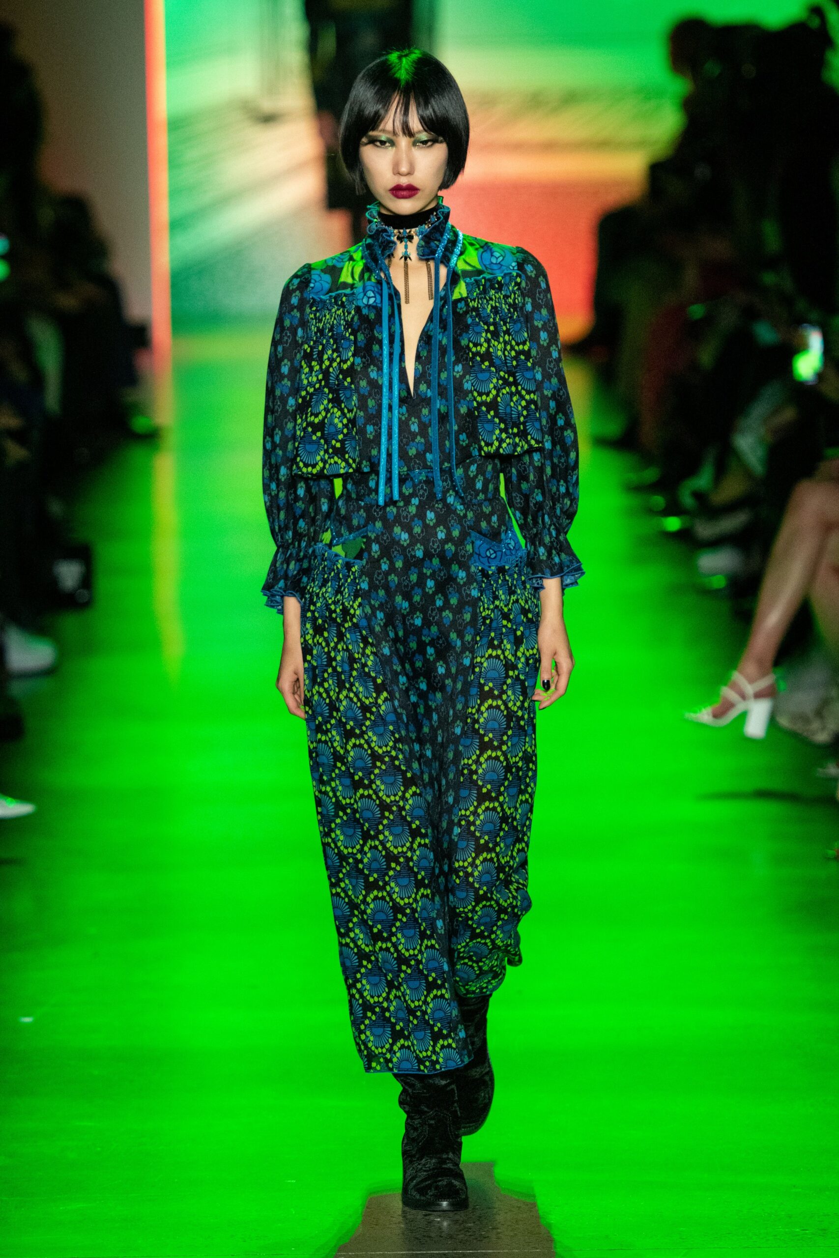 blue and green printed midi dress