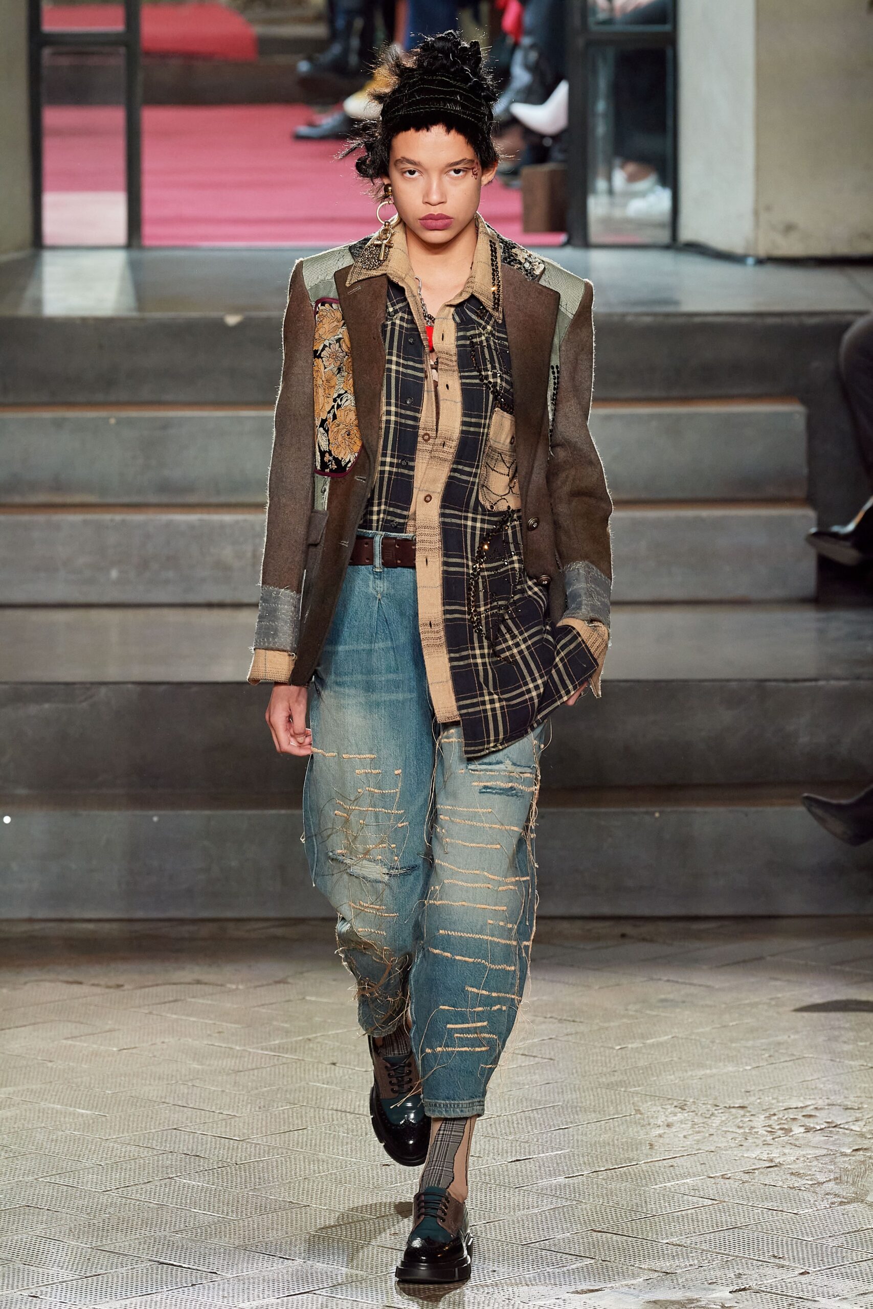 brown tailored blazer with plaid shirt