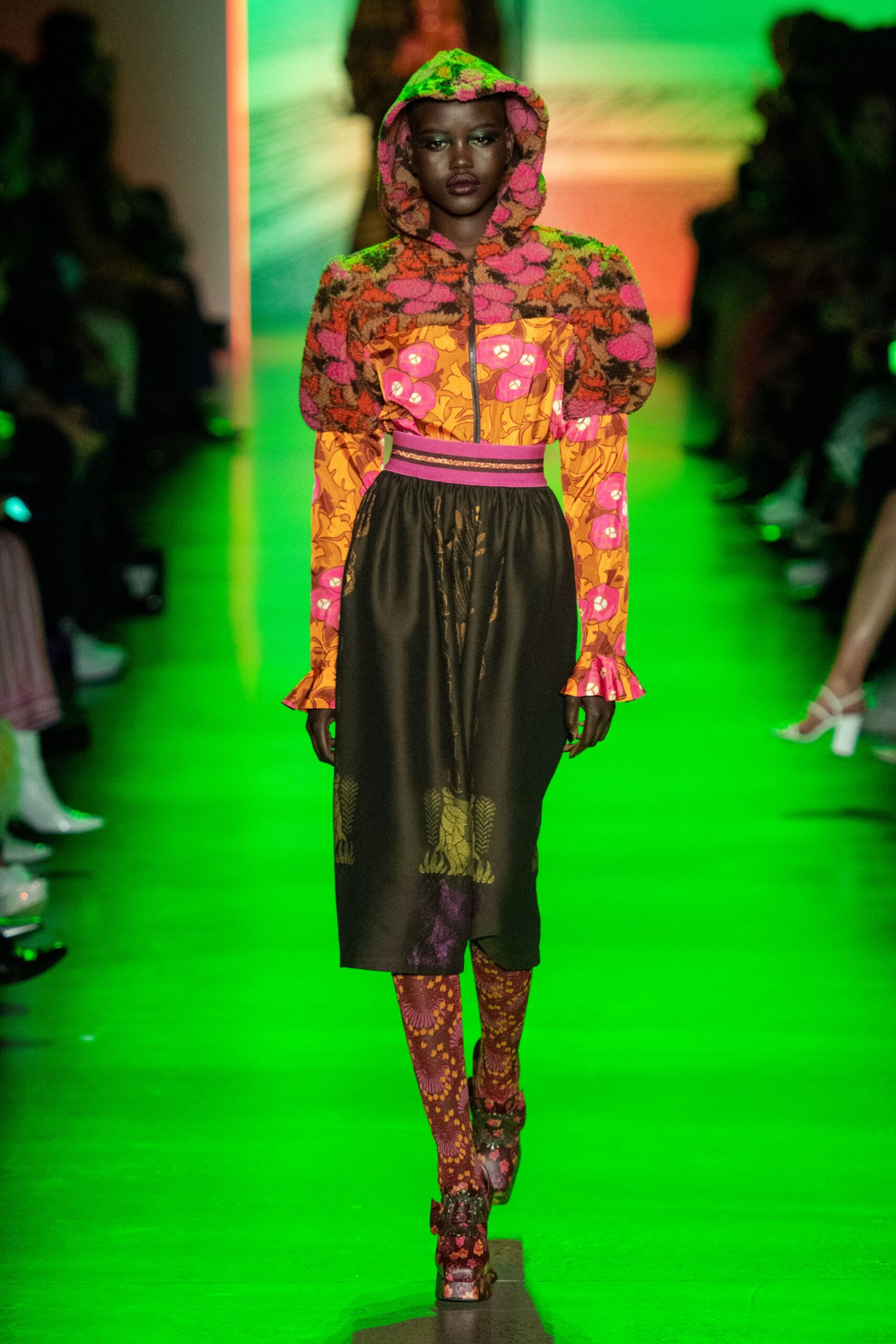 colorful embroidered jacket with midi skirt