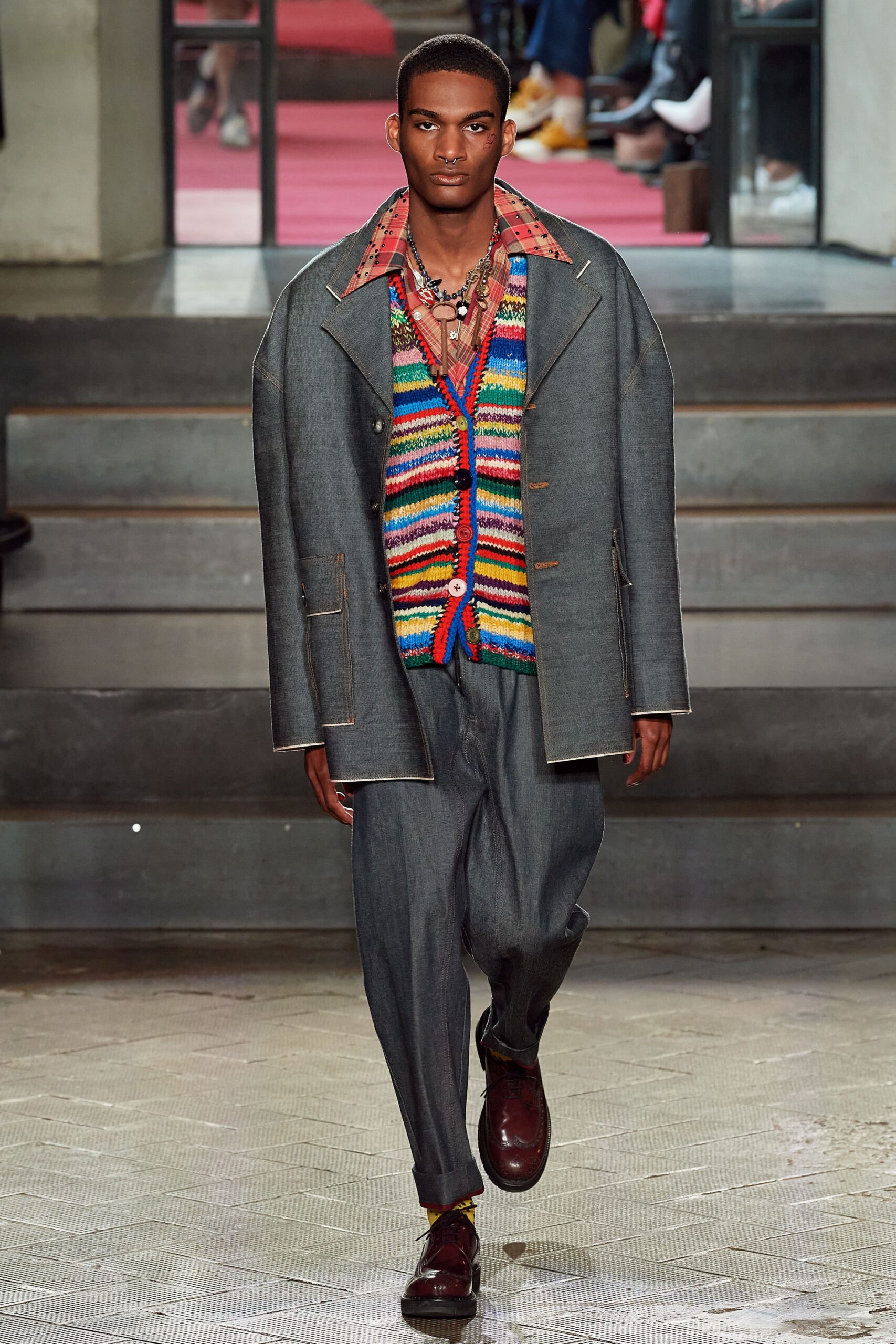 gray relaxed jacket with multi-colored top