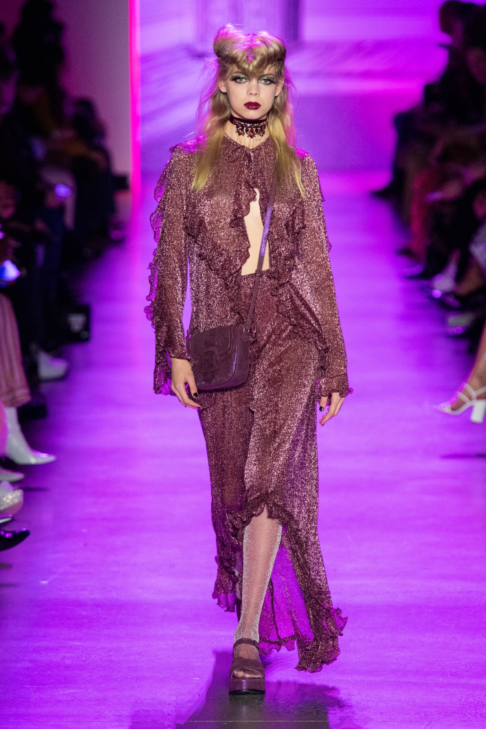 purple silk ruffled maxi dress