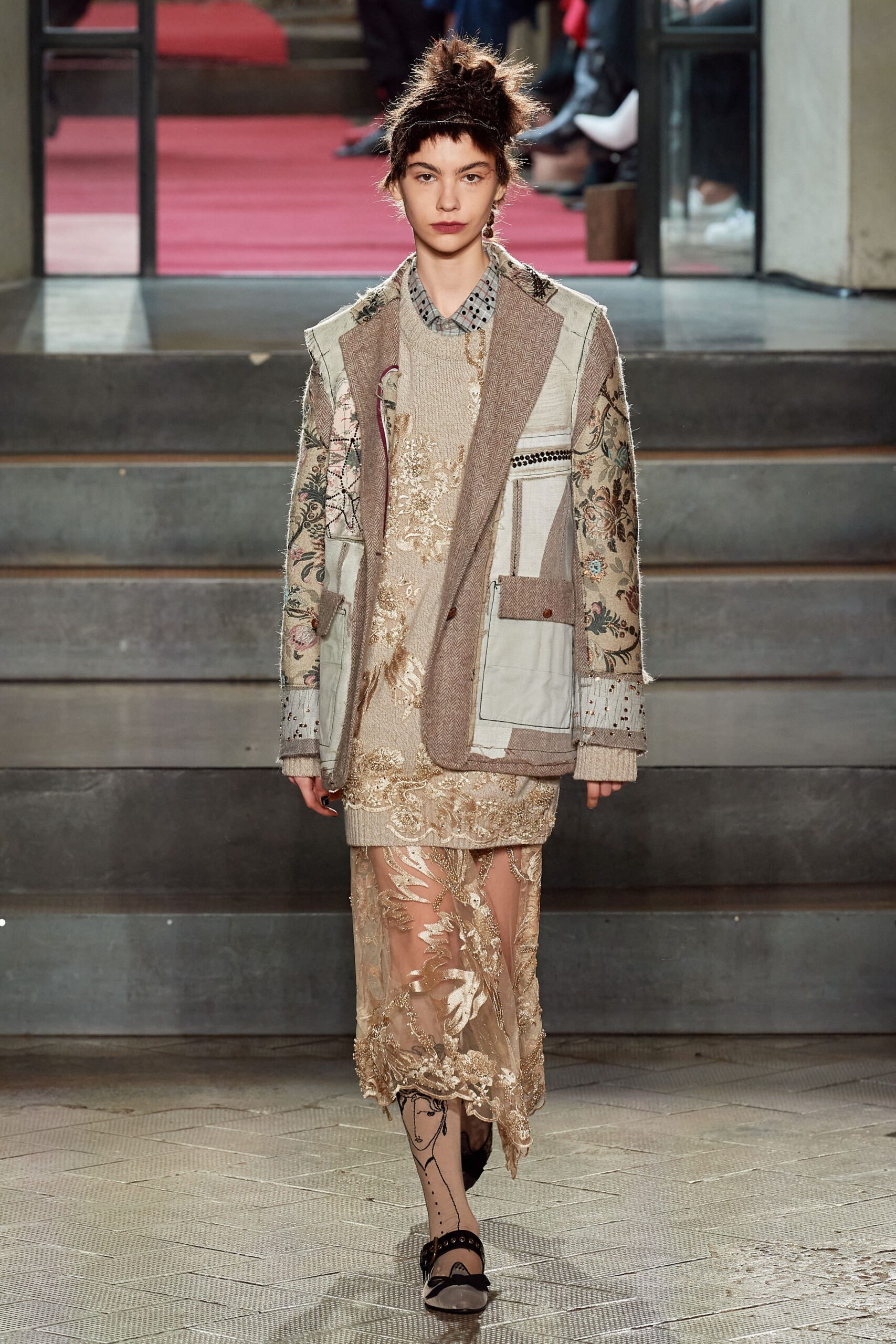beige embroidered midi dress and gray jacket