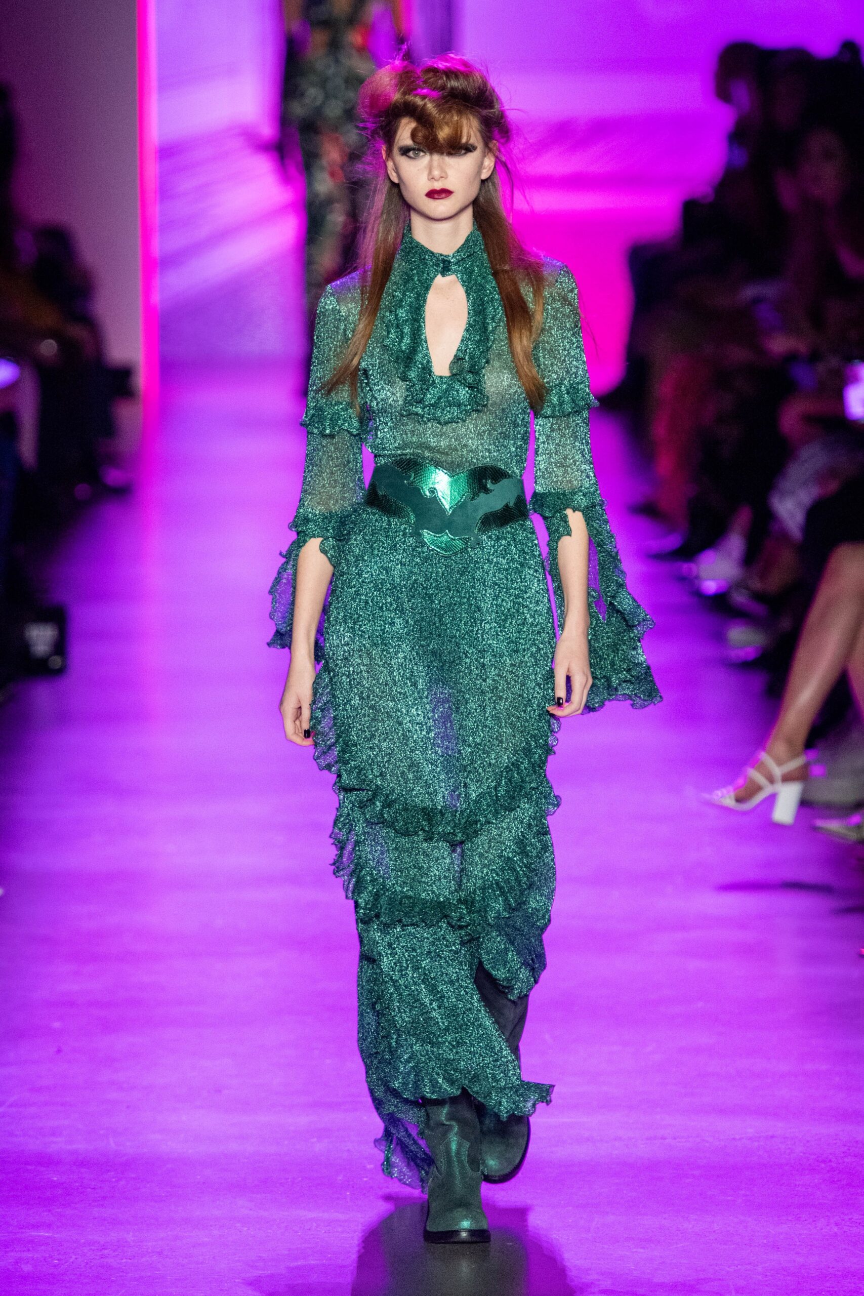 fitted green ruffled midi dress