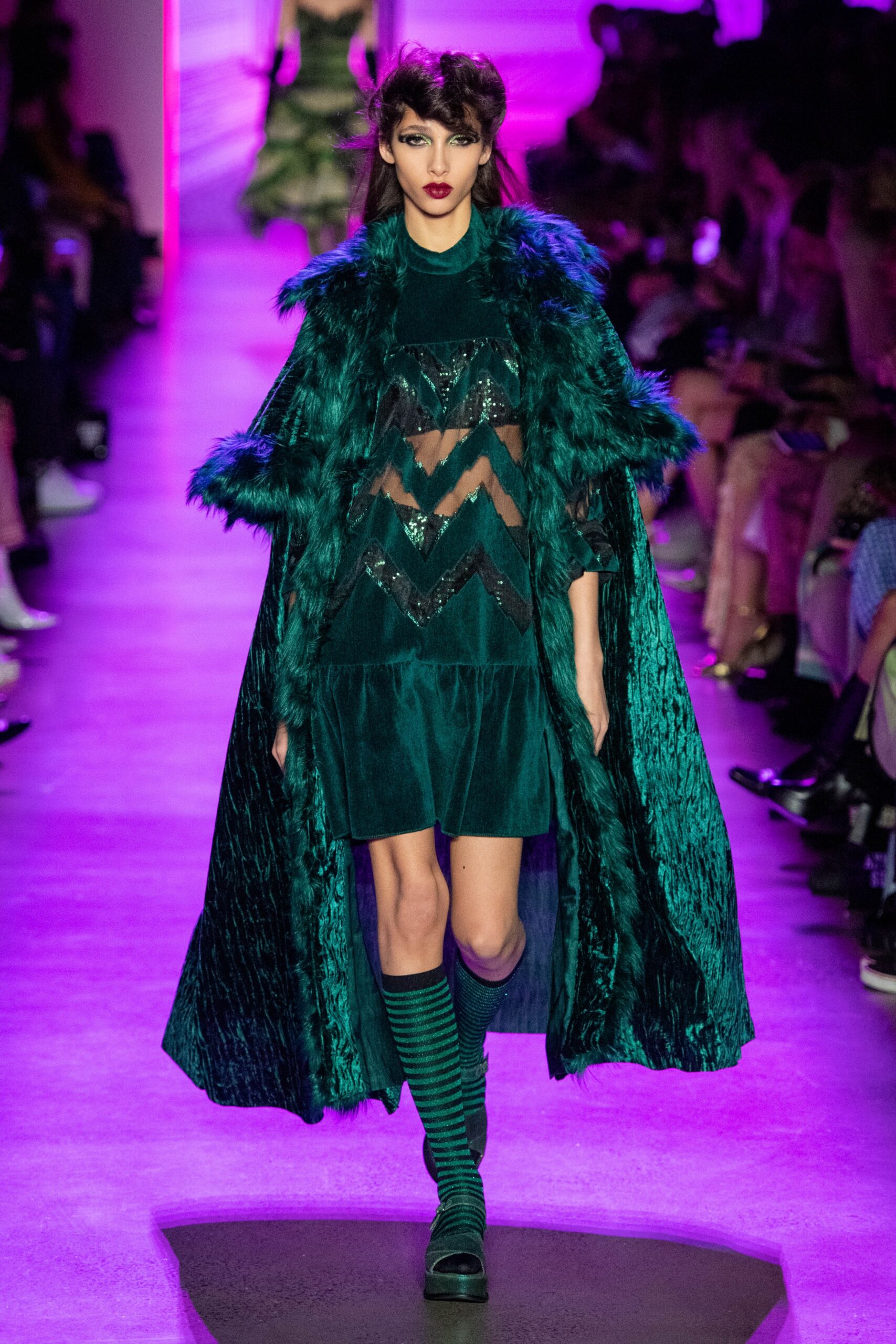 green faux-fur oversized draped cape
