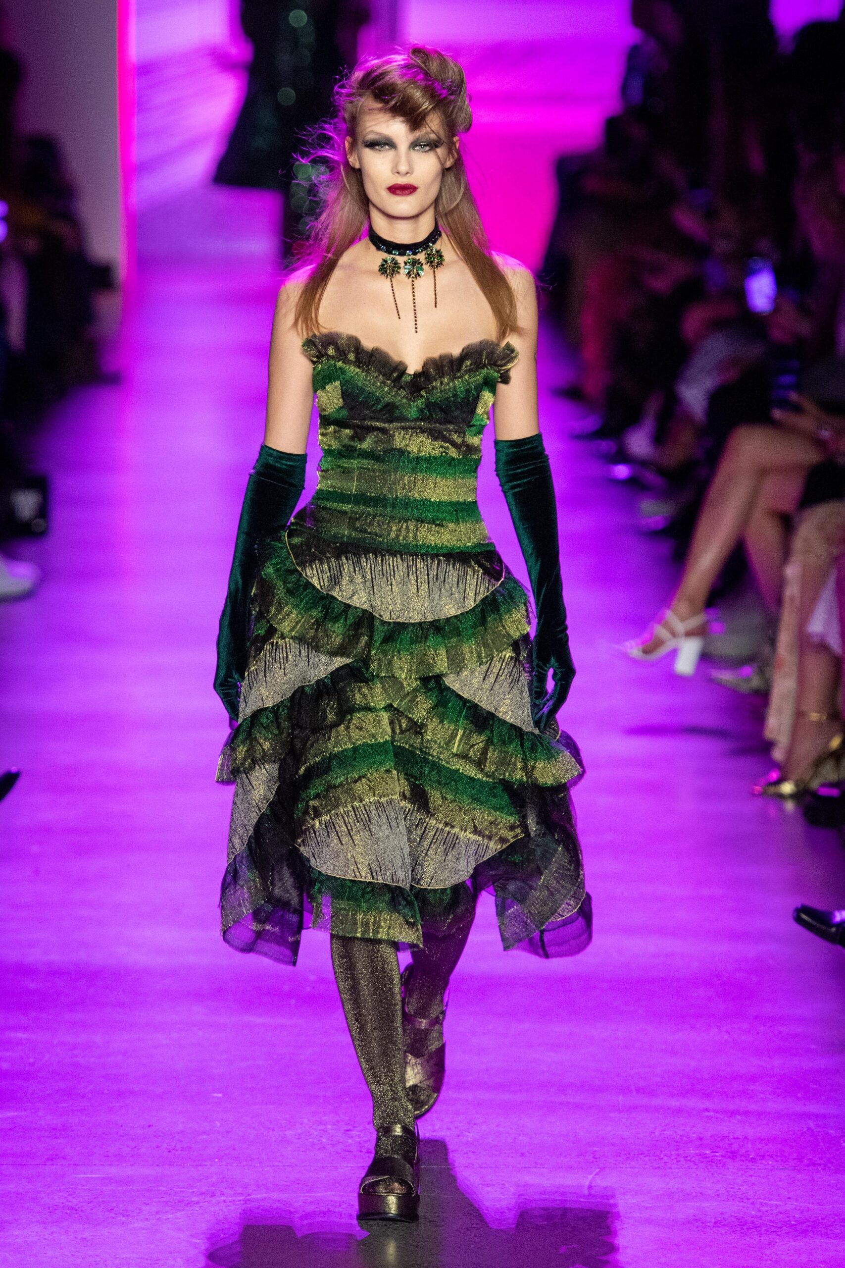green and black ruffled dress