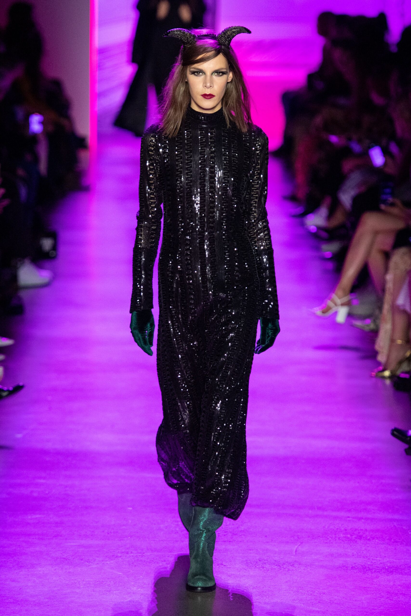 black sequin fitted gown with gloves