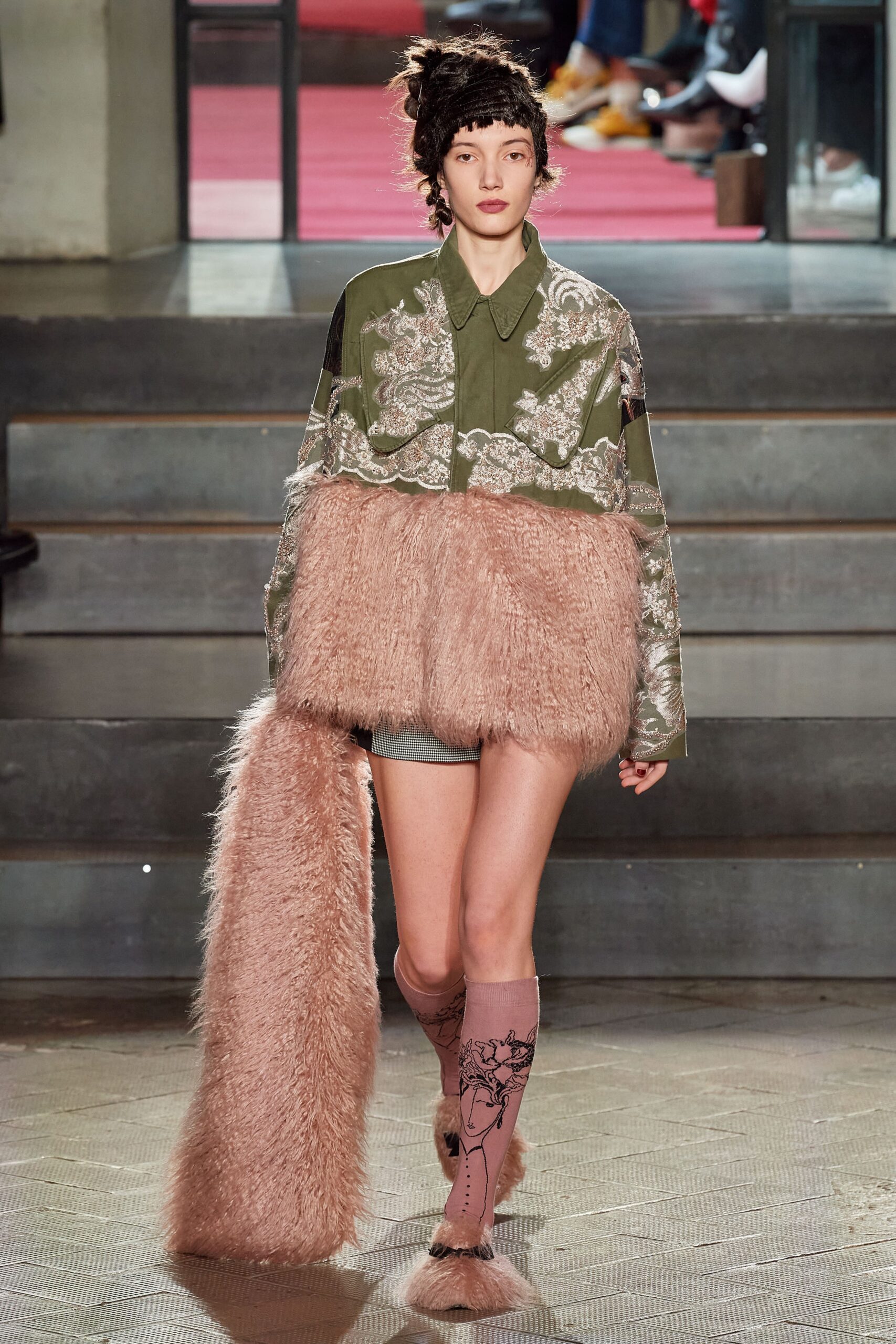 relaxed green embroidered top with pink fur