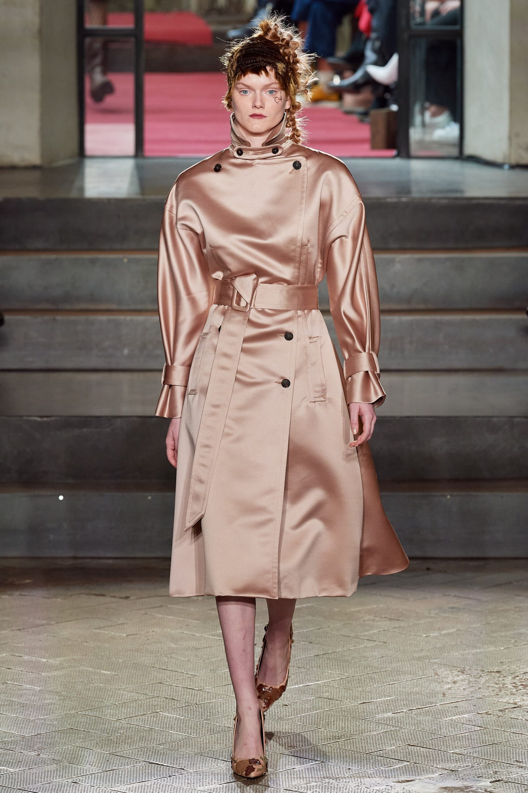 beige satin belted coat
