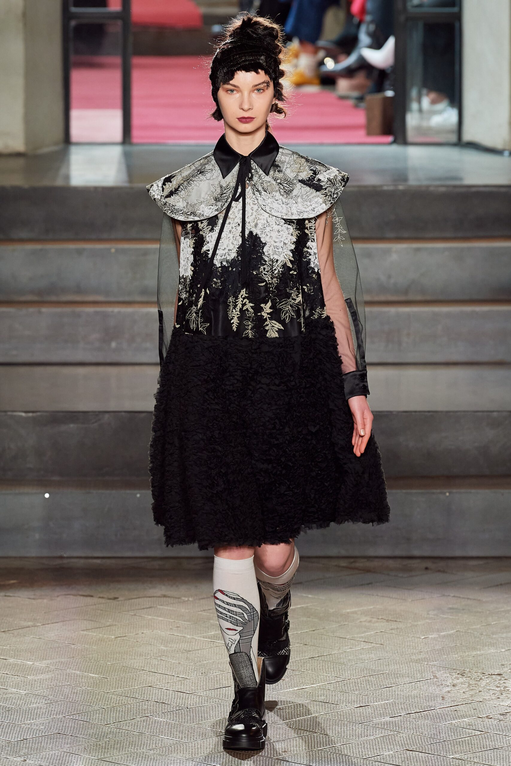 black and white embroidered midi dress