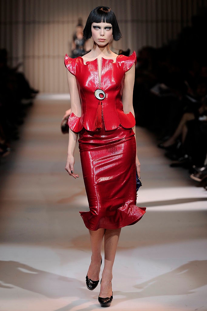 fitted red vinyl top and skirt