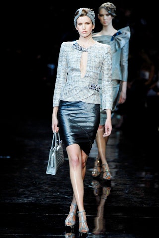 gray tweed blazer with black leather skirt