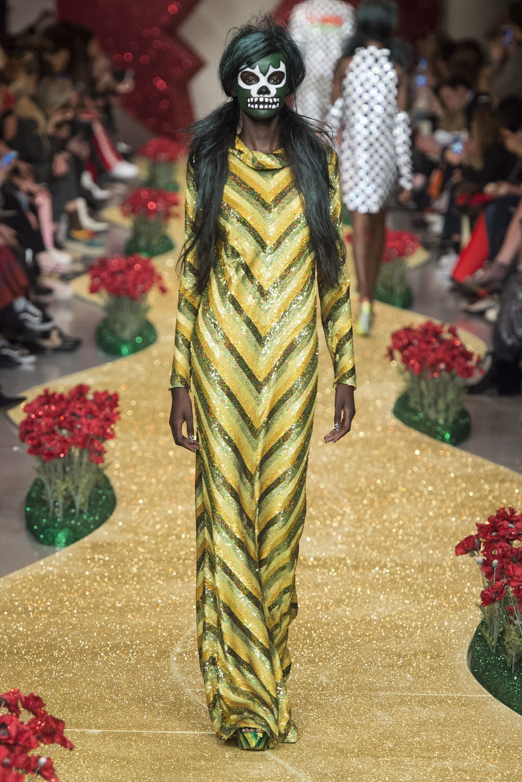yellow green striped sequin gown
