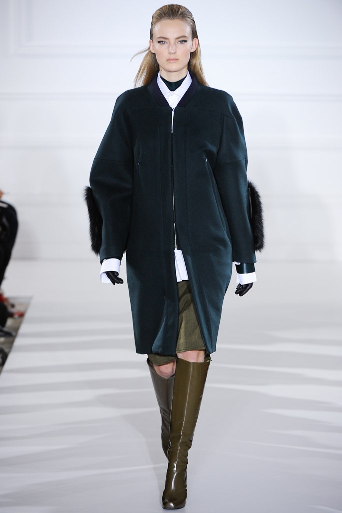 green wool coat with white shirt