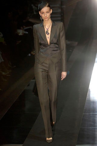 fitted black silk suit