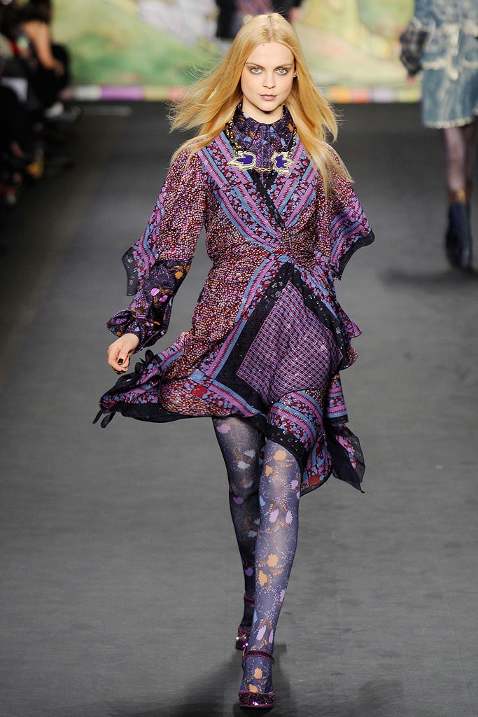 purple printed mini dress with tights