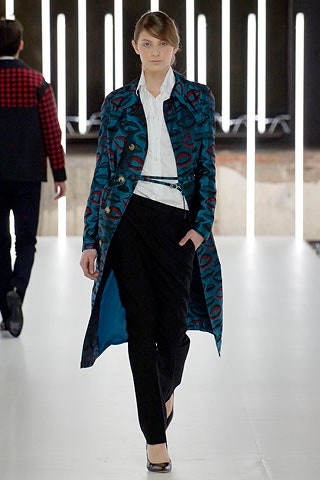 blue printed coat with tailored pants