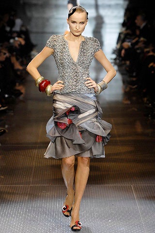 fitted gray silk ruffled dress
