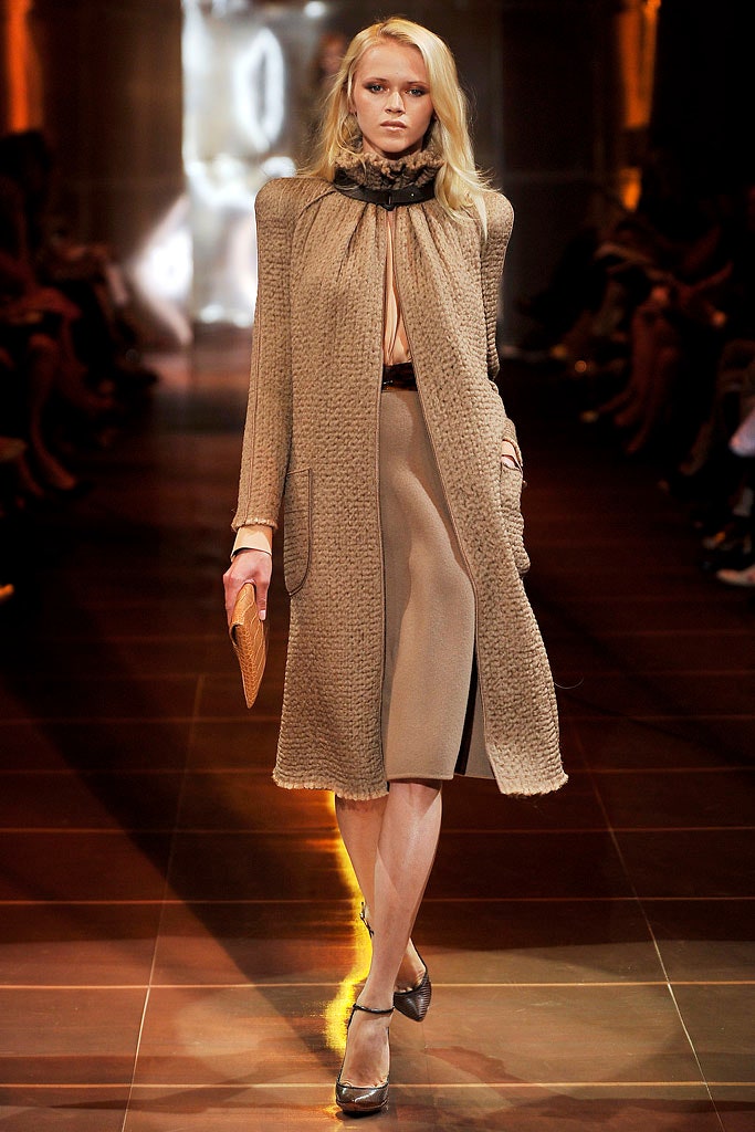 beige wool long-sleeve collared fitted draped pockets coat