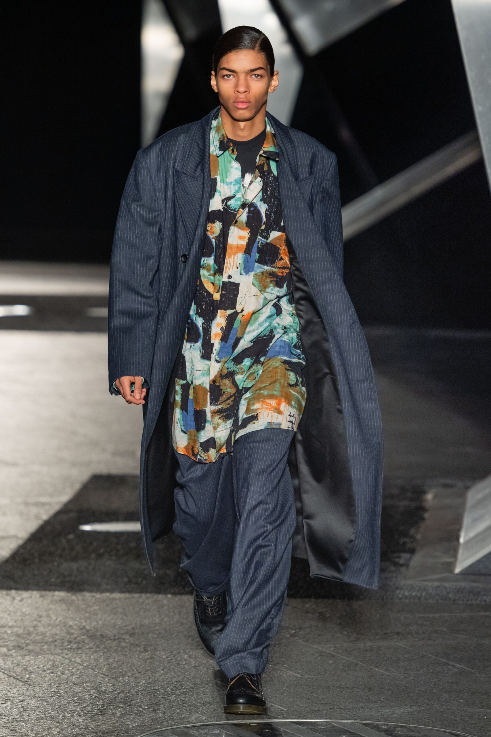 blue wool long-sleeve oversized buttoned coat