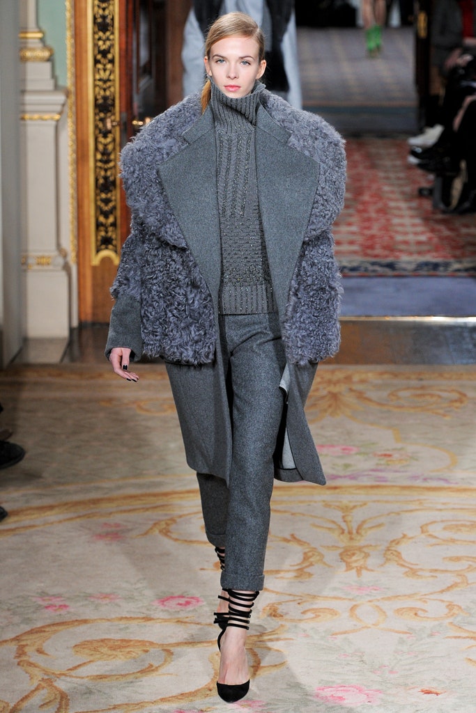 gray fur long-sleeve relaxed layered coat