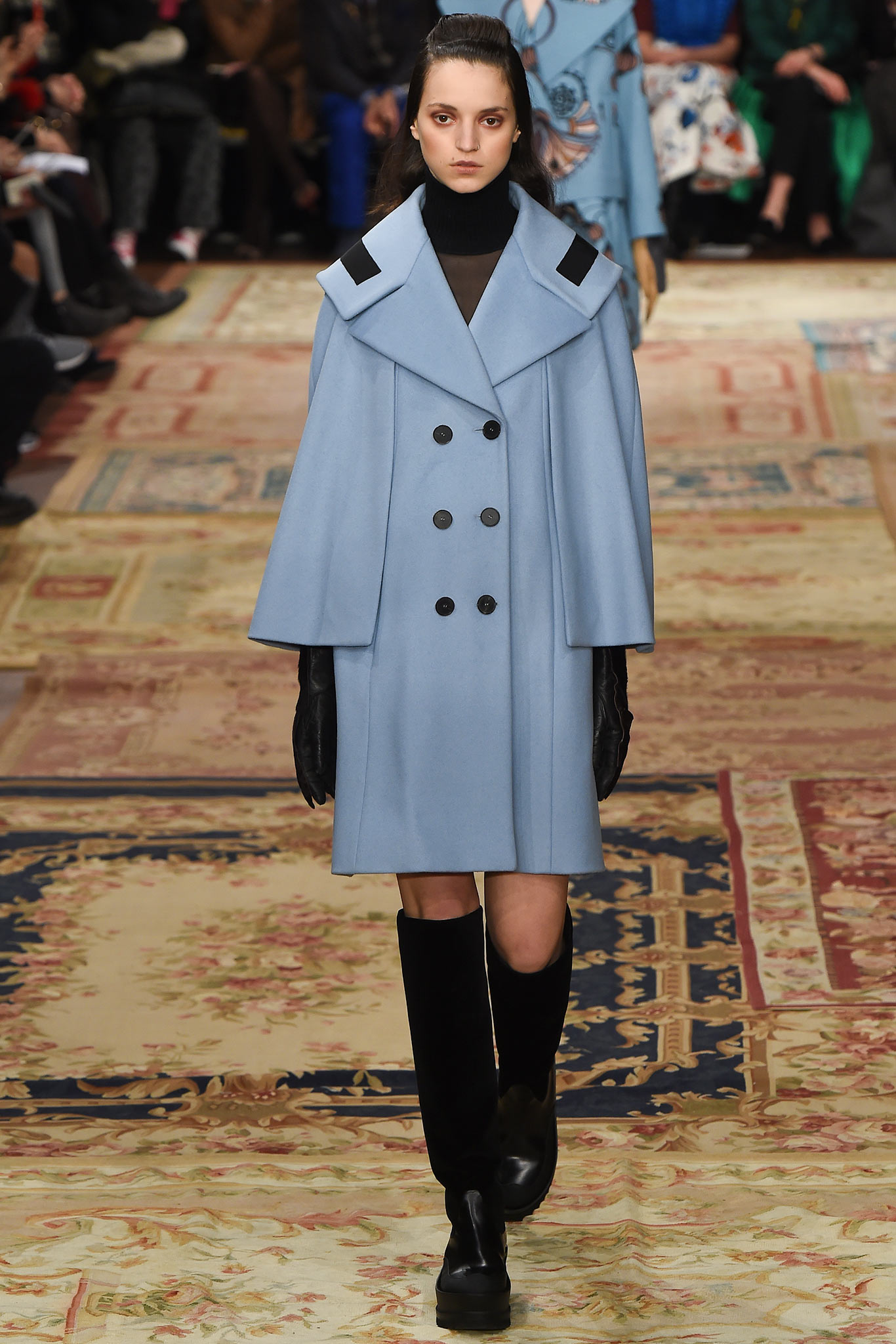 blue wool long-sleeve collared fitted buttoned coat