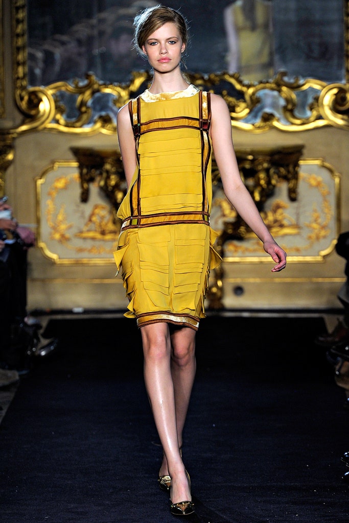fitted yellow pleated dress