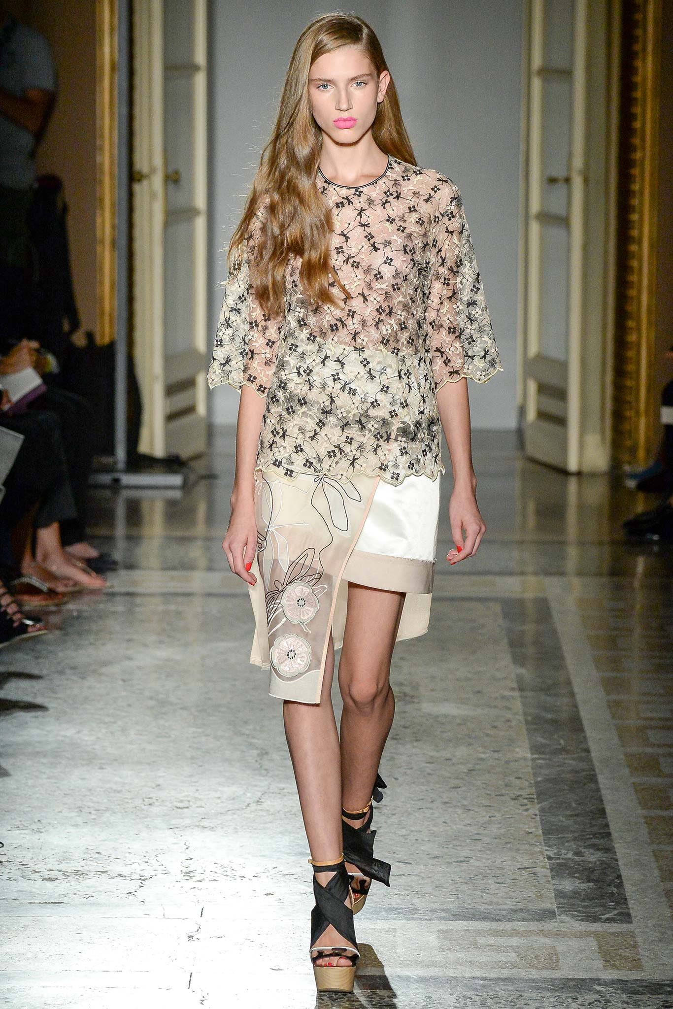 beige embroidered silk top with asymmetric skirt