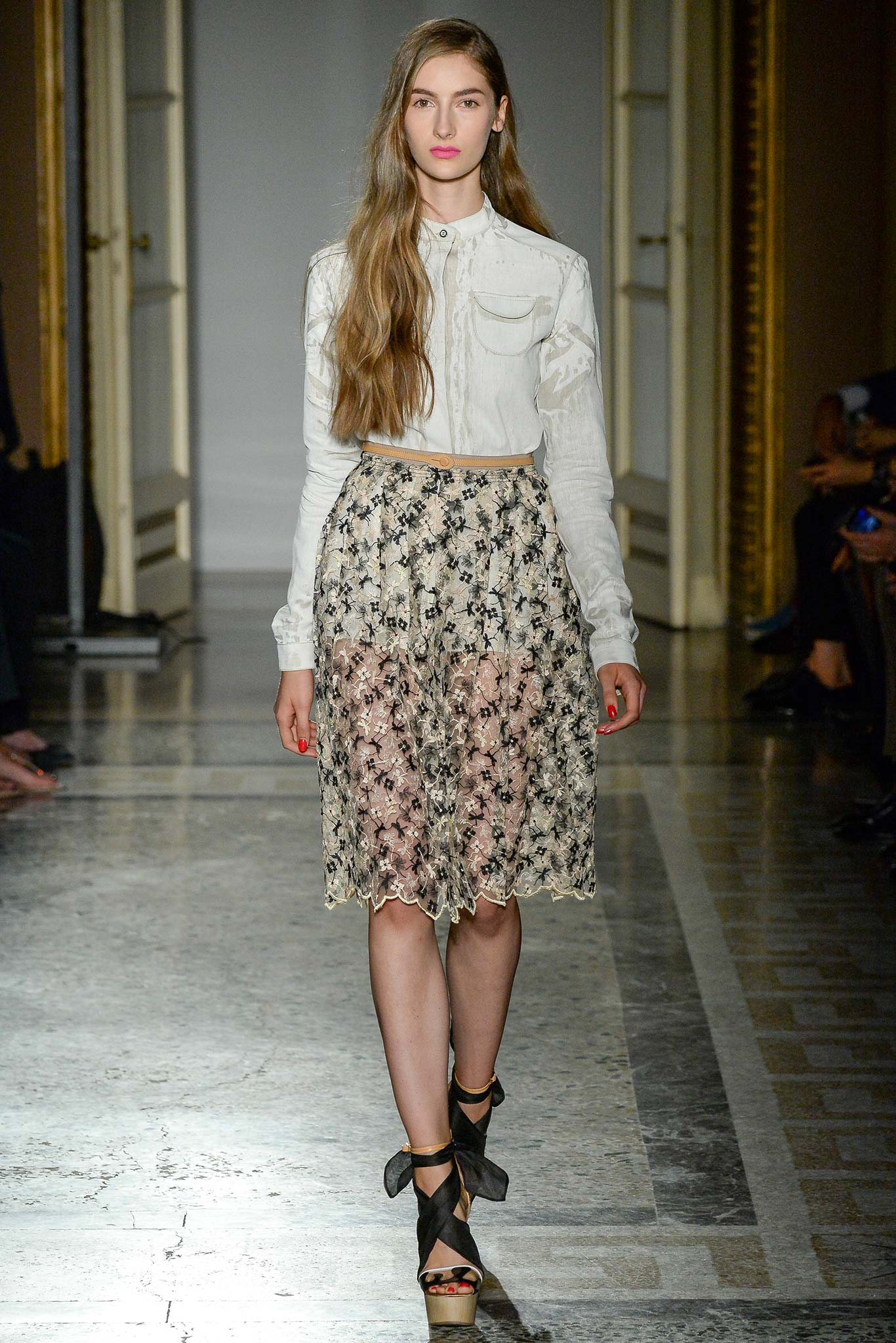 white embroidered shirt beige lace skirt