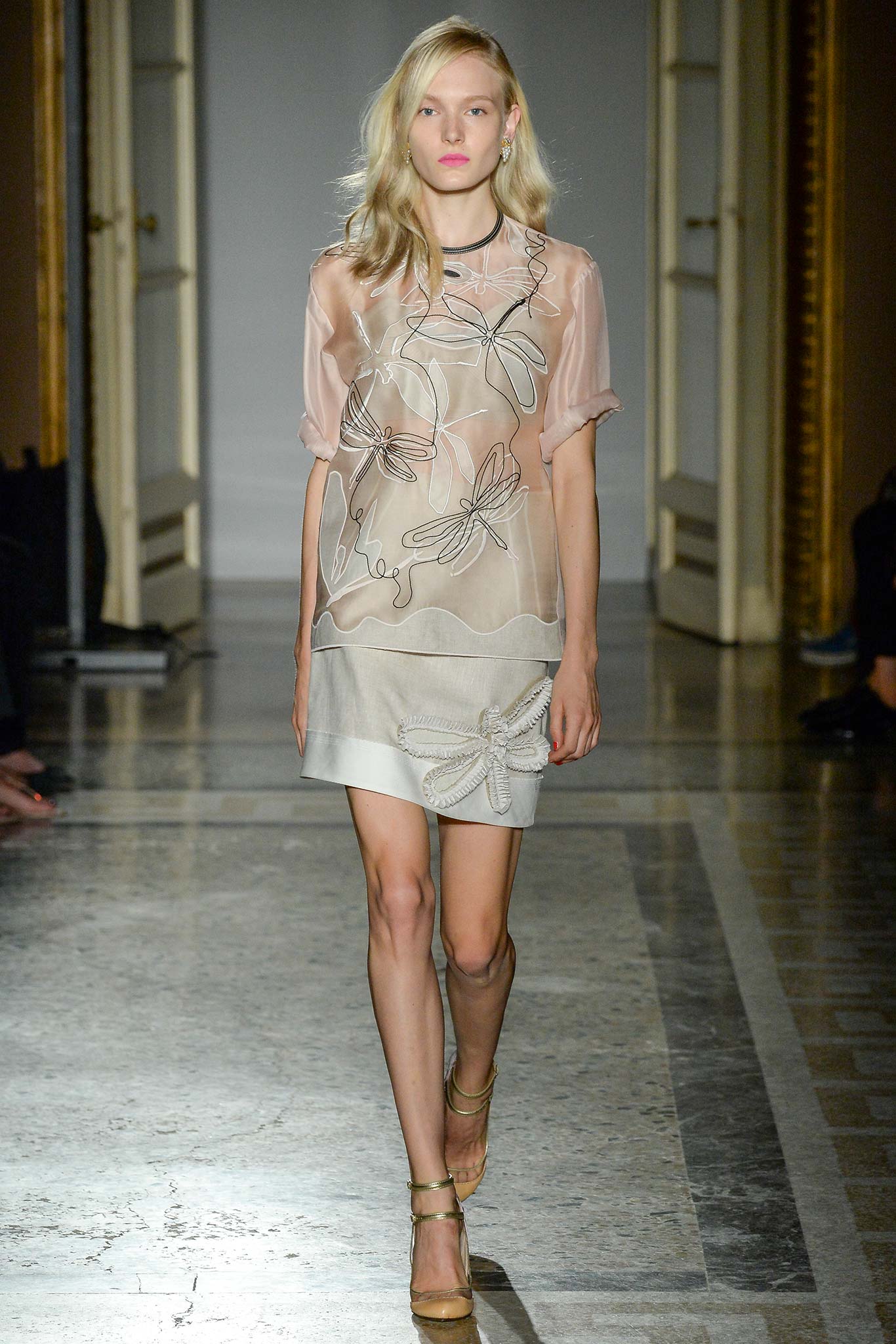 pink silk embroidered top with silver mini skirt