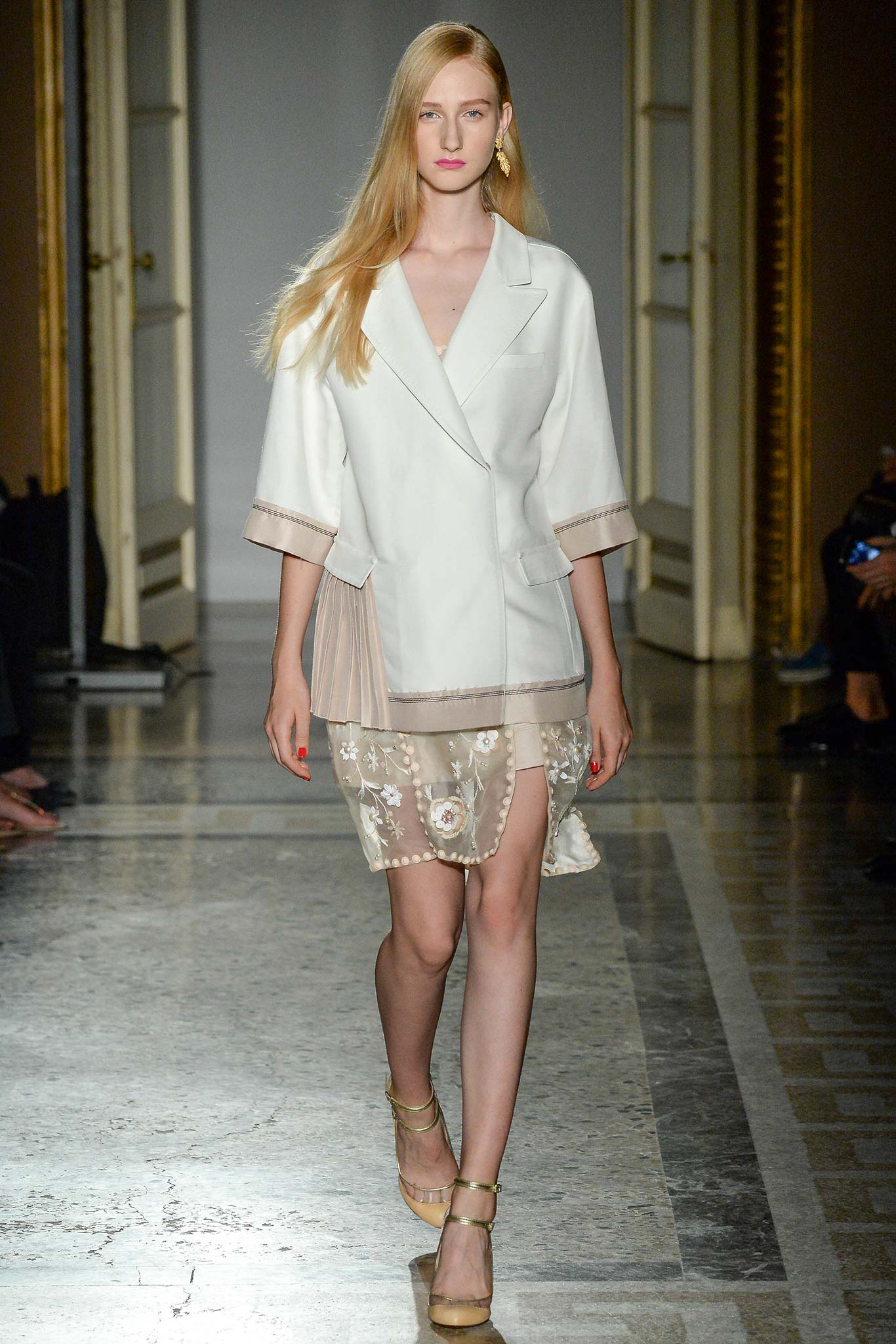 white relaxed blazer beige embroidered skirt