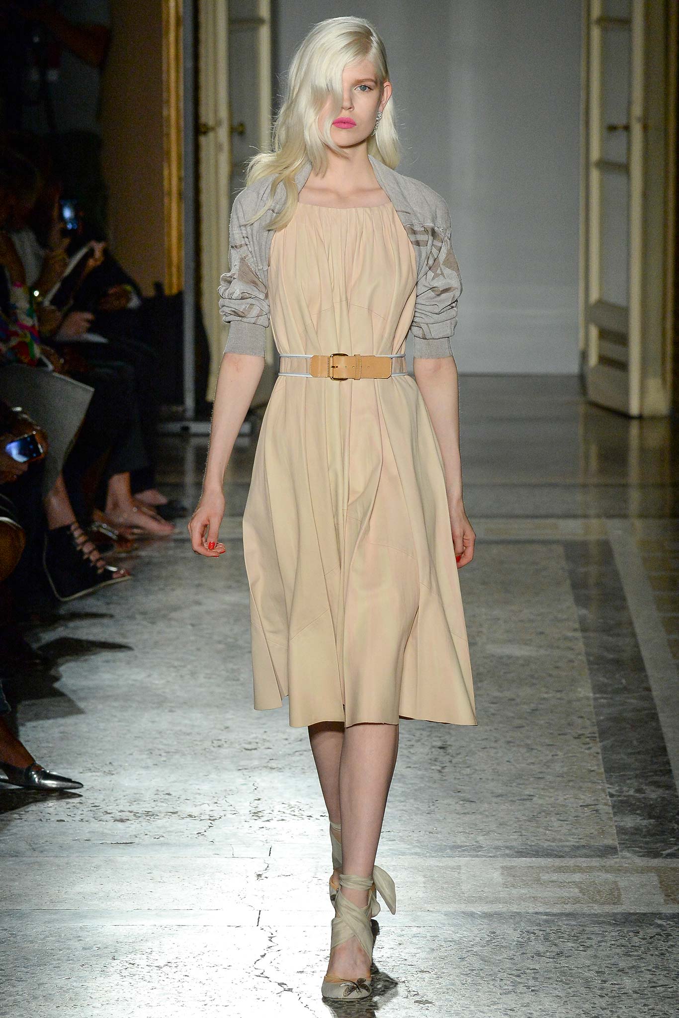 beige pleated midi dress with gray cardigan