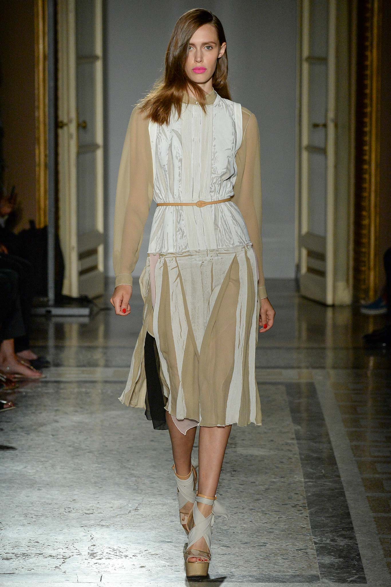 beige and white pleated midi dress