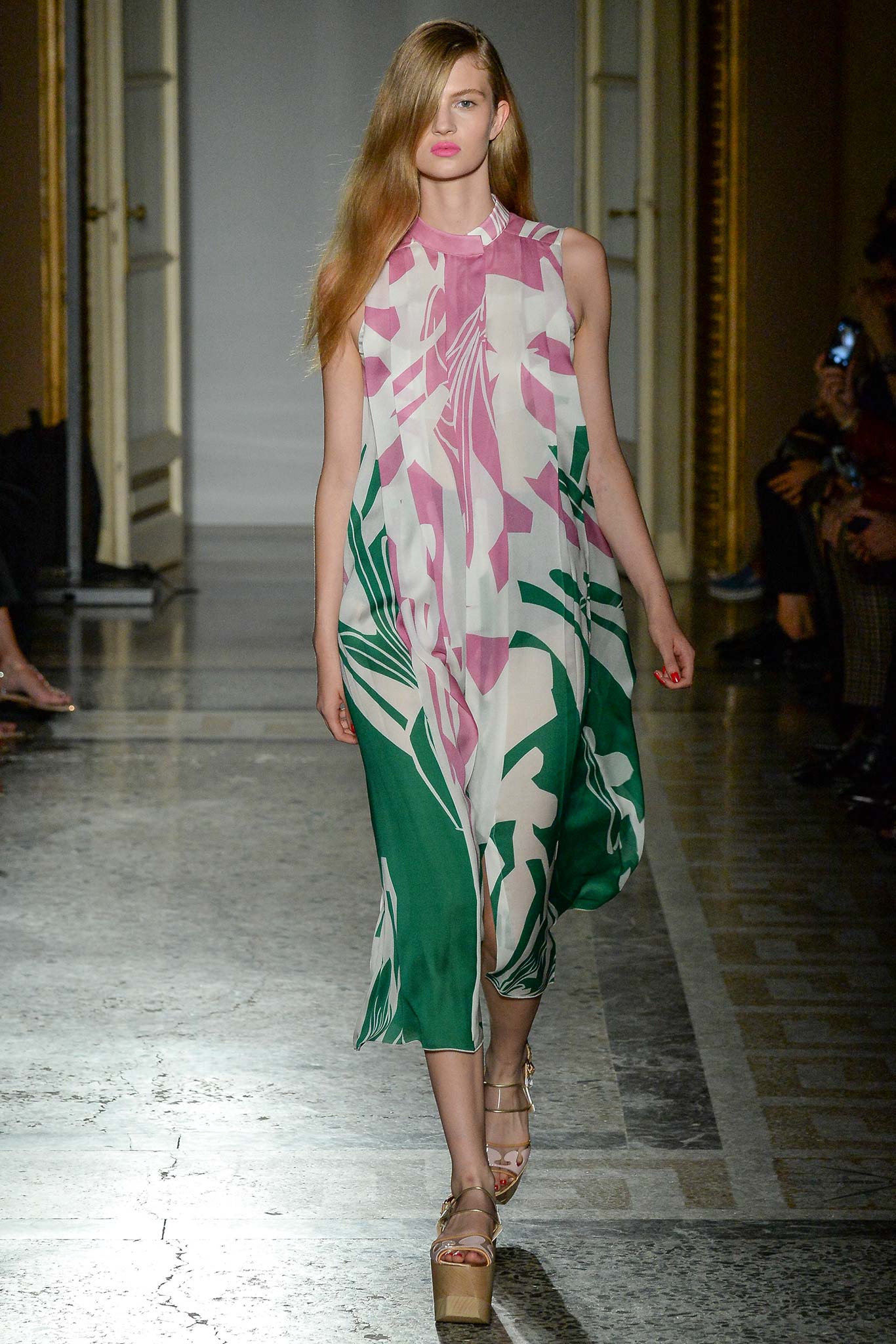 pink and green printed midi dress