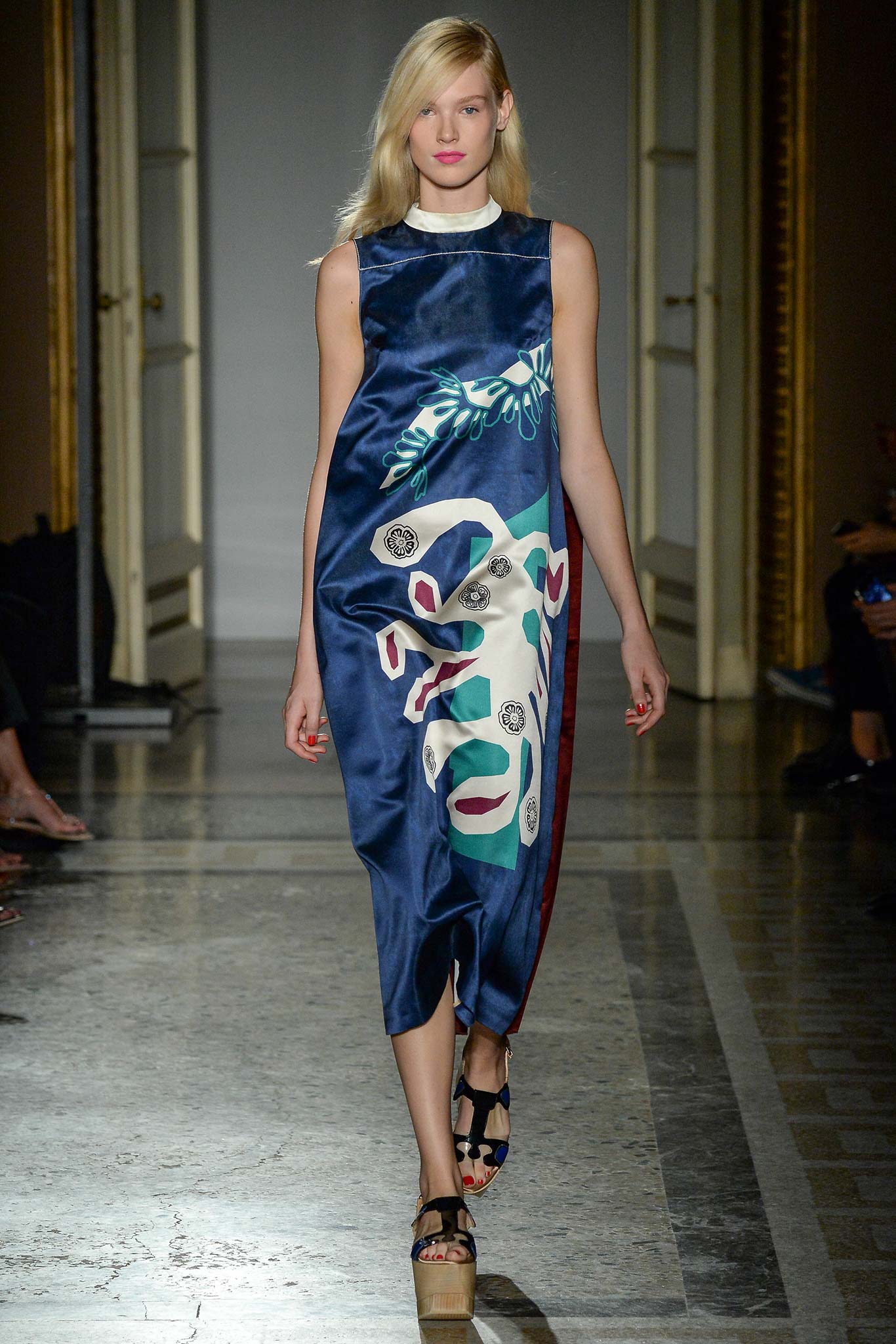 blue silk printed midi dress