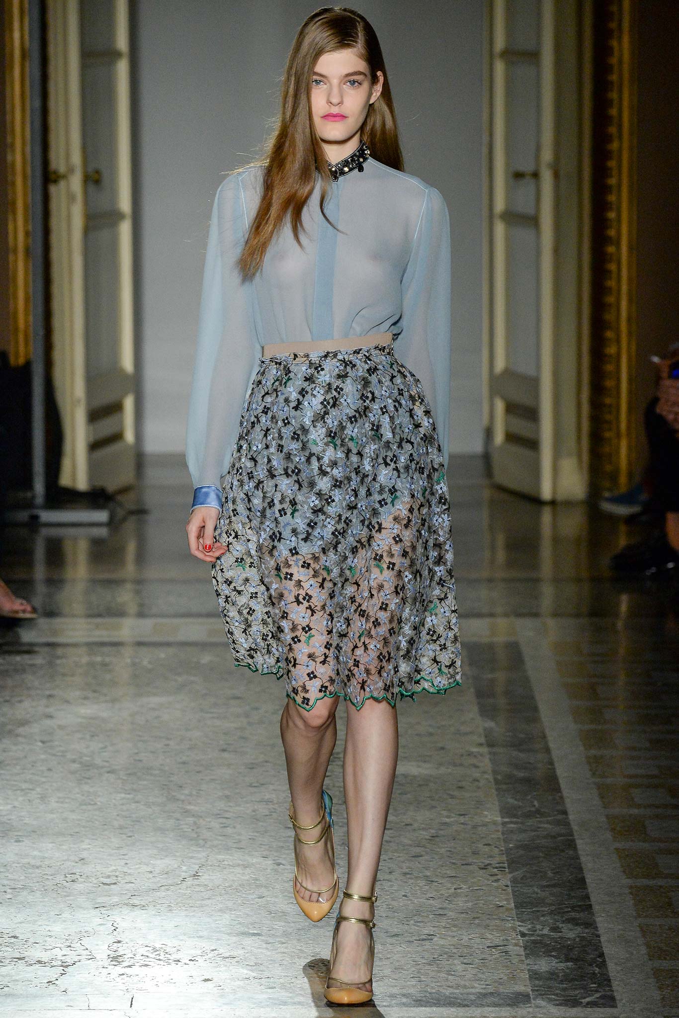 blue silk blouse with lace skirt