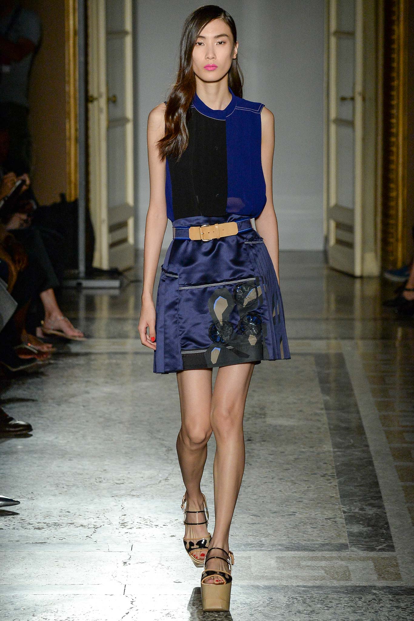 blue silk top with pleated skirt