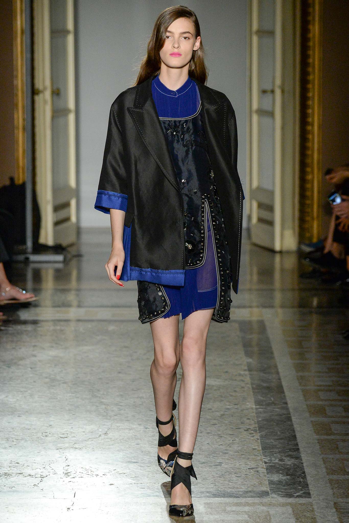 blue silk mini dress with oversized black jacket