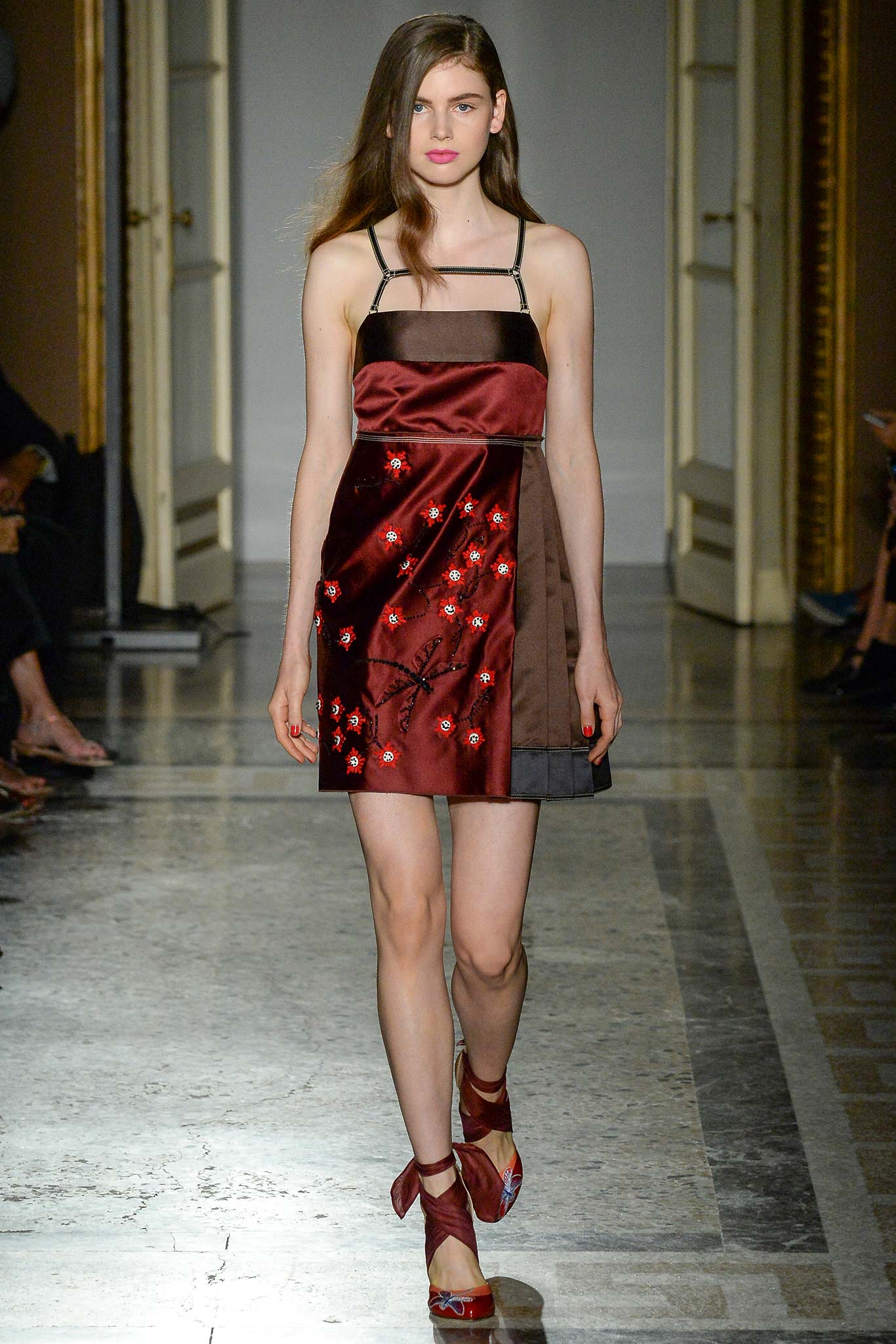 red and brown embroidered mini dress