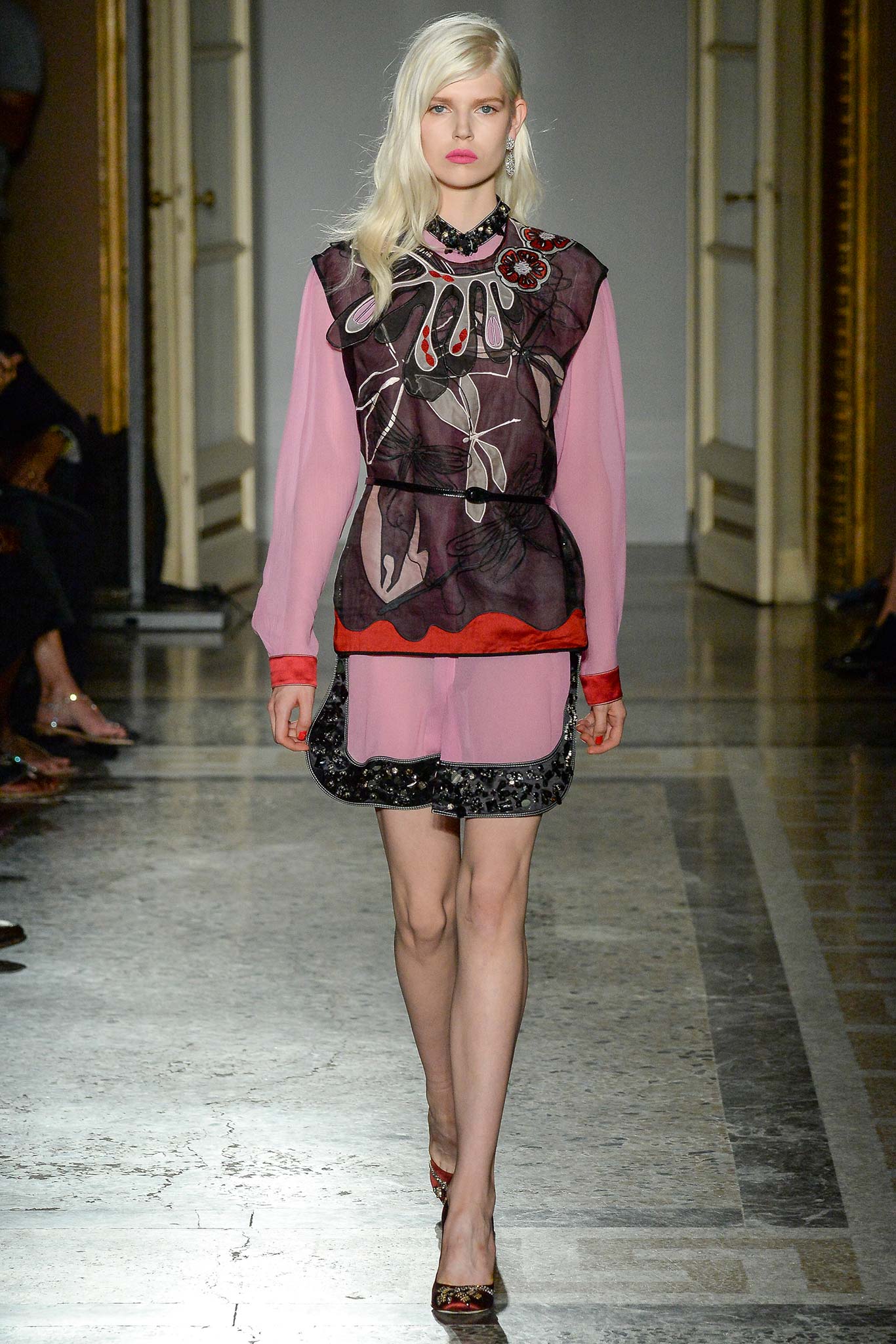 pink embroidered mini dress