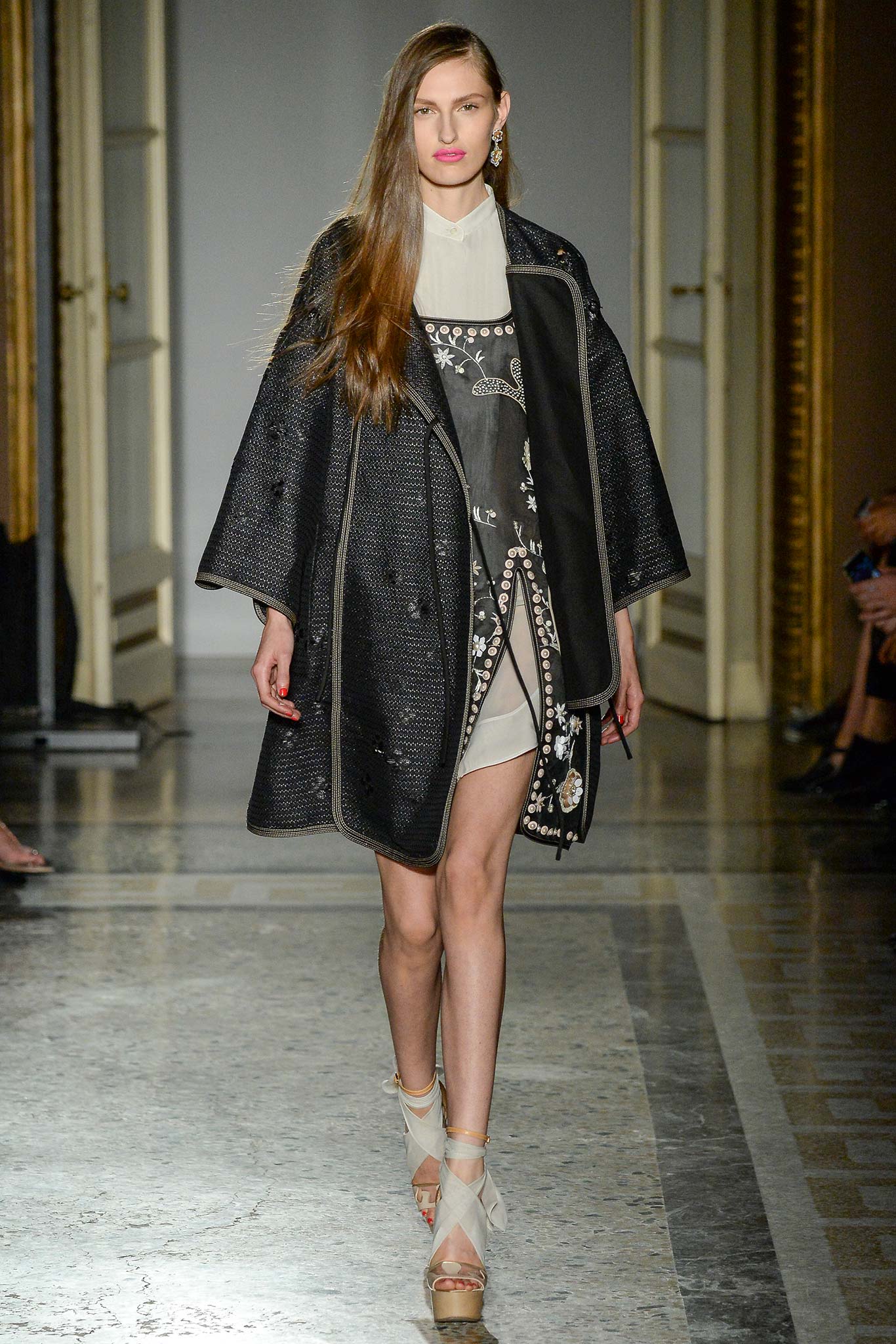 black coat white mini dress