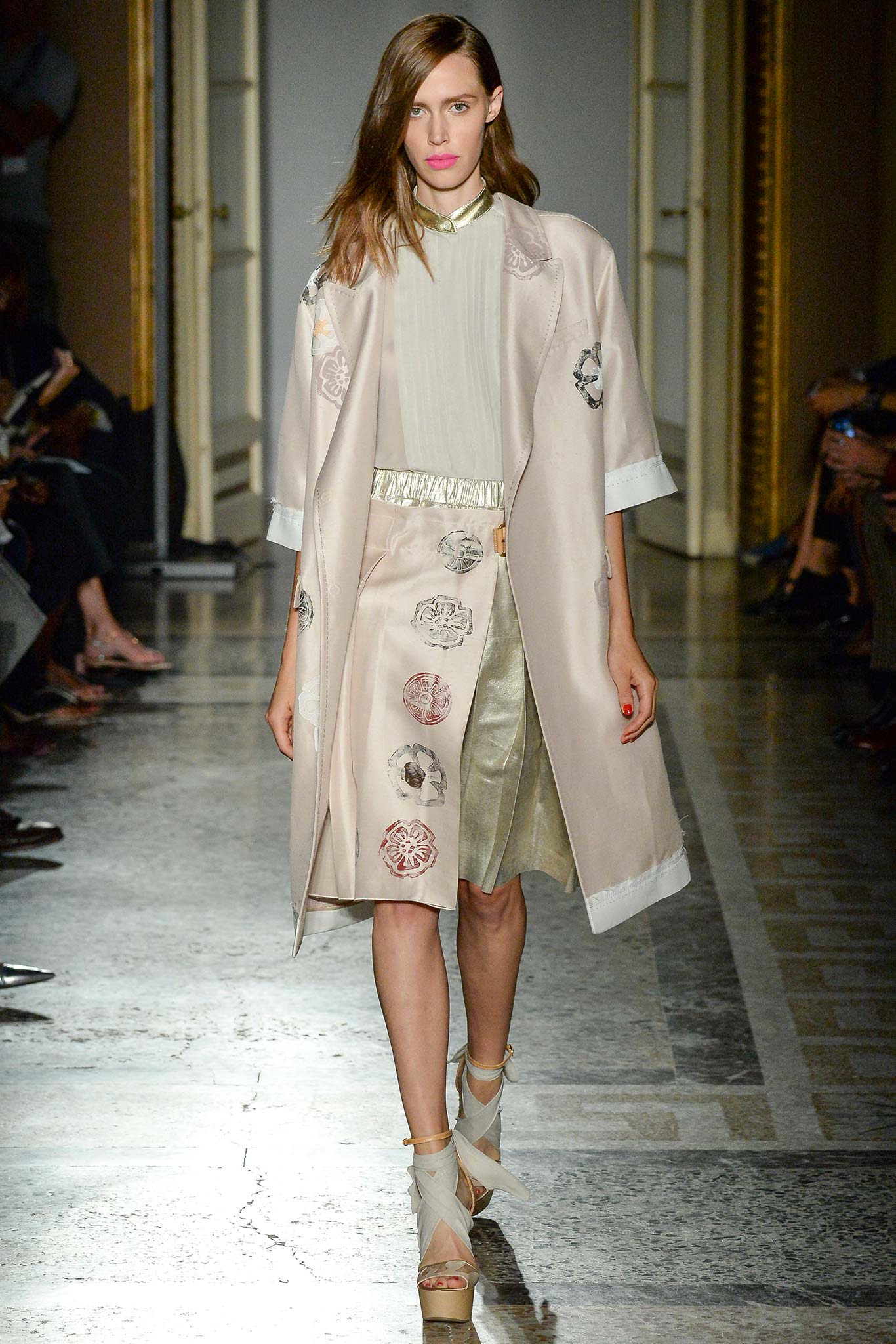 beige silk coat with embroidered details