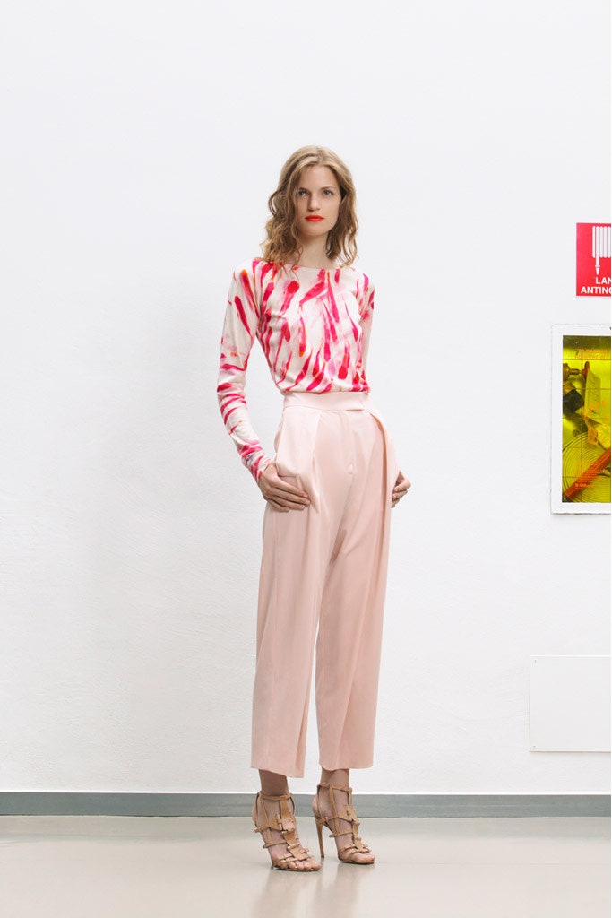 pink printed top with relaxed pants
