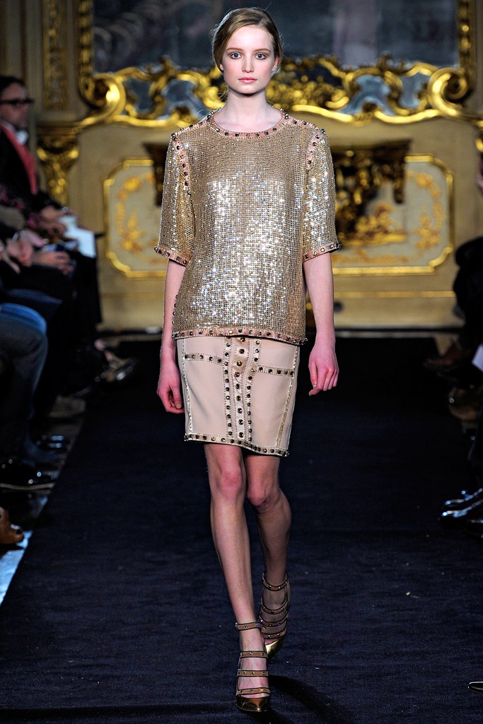 gold sequin top and beige leather skirt