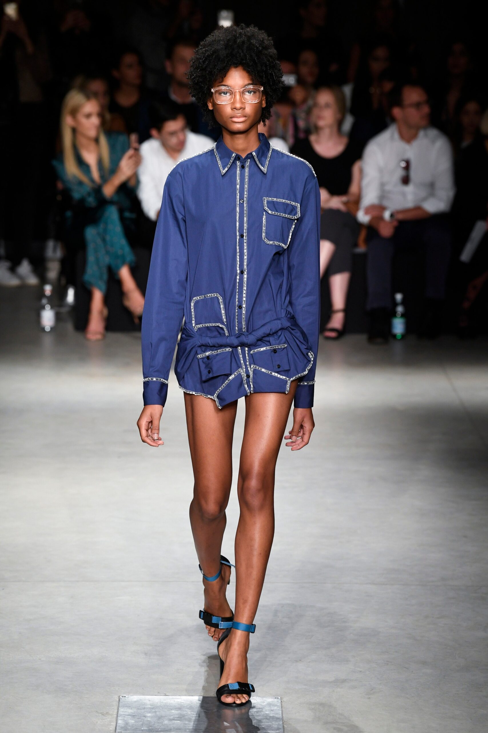 blue fitted shirt-dress with strappy shoes