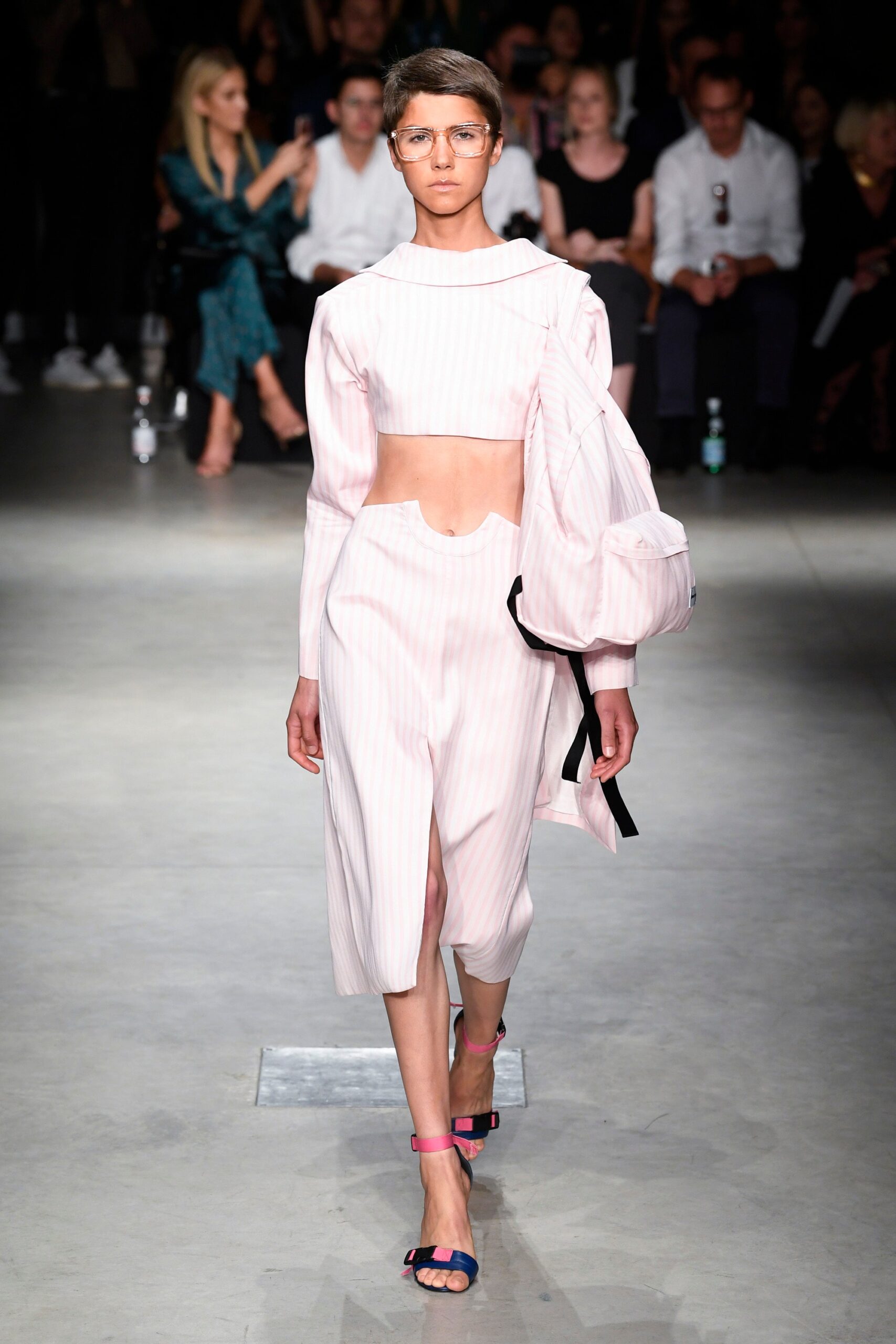 pink striped cropped top and midi skirt