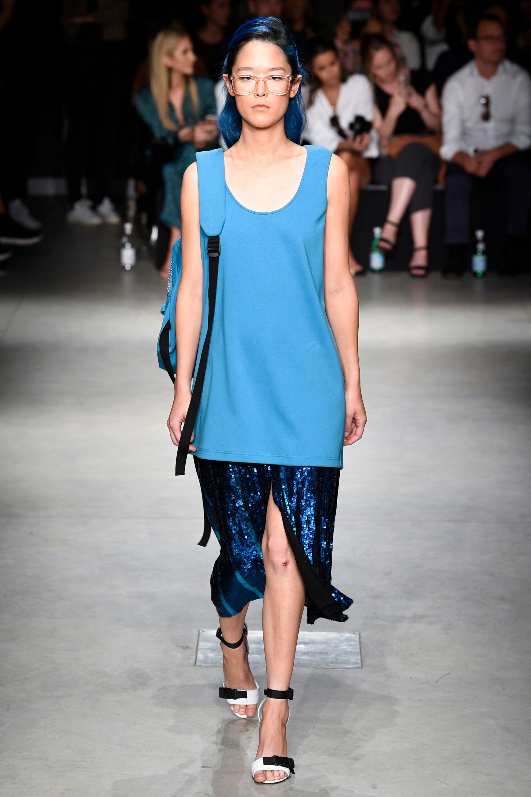 blue silk asymmetric slit fitted sequined shiny skirt