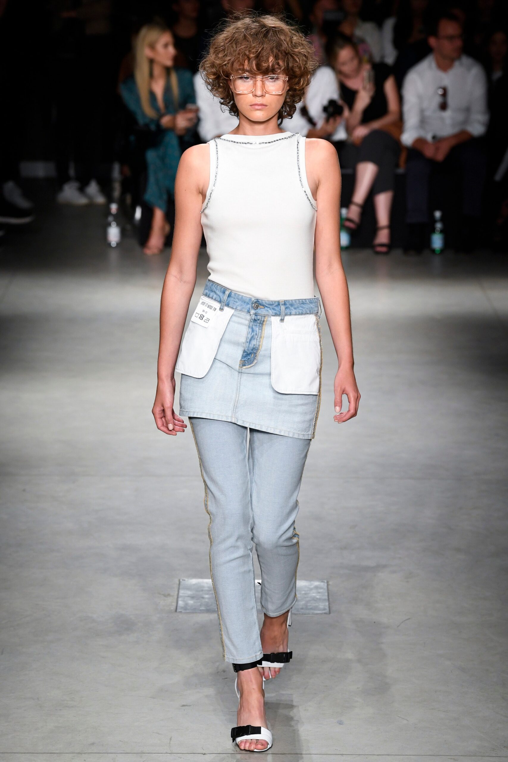 white fitted top with denim skirt