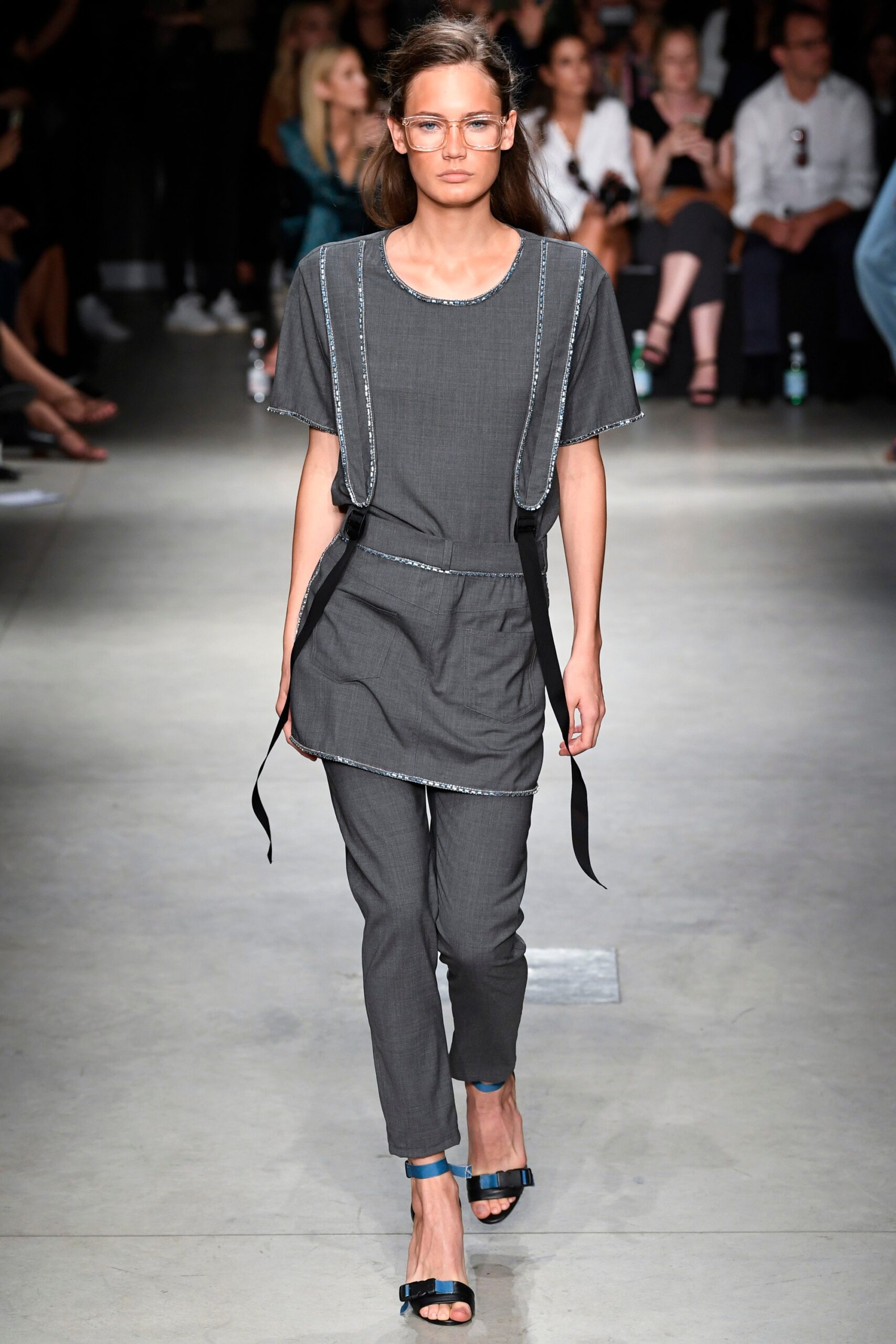 gray relaxed top with tailored pants