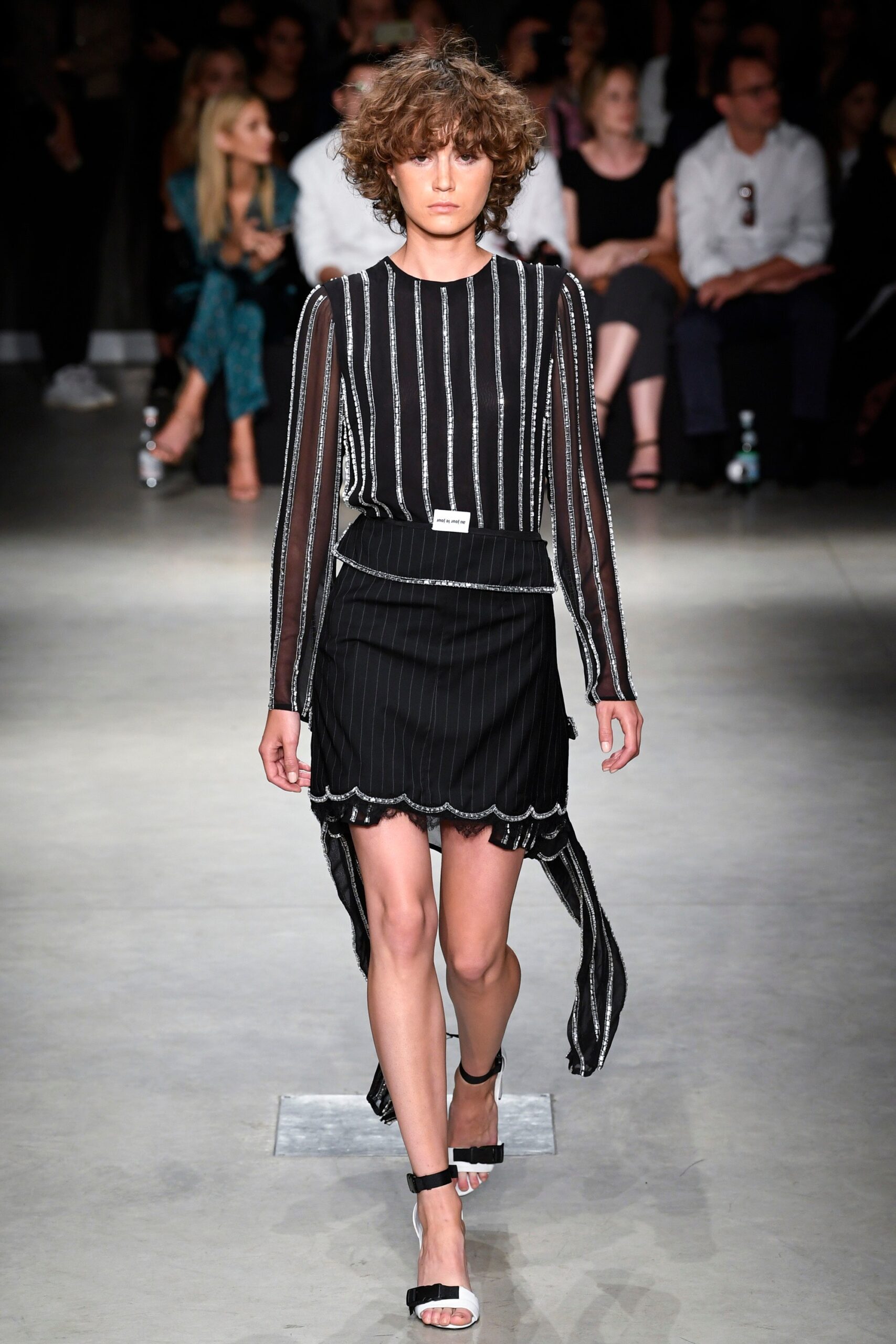 black and white striped top with asymmetric skirt